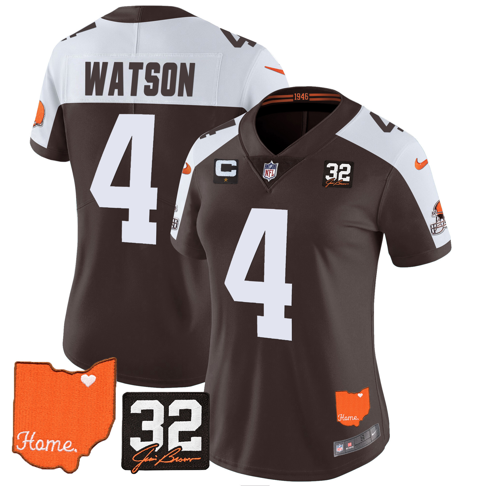 Deshaun Watson Women's Cleveland Browns #32 Jim Brown Memorial & Home Patch Alternate Jersey - All Stitched