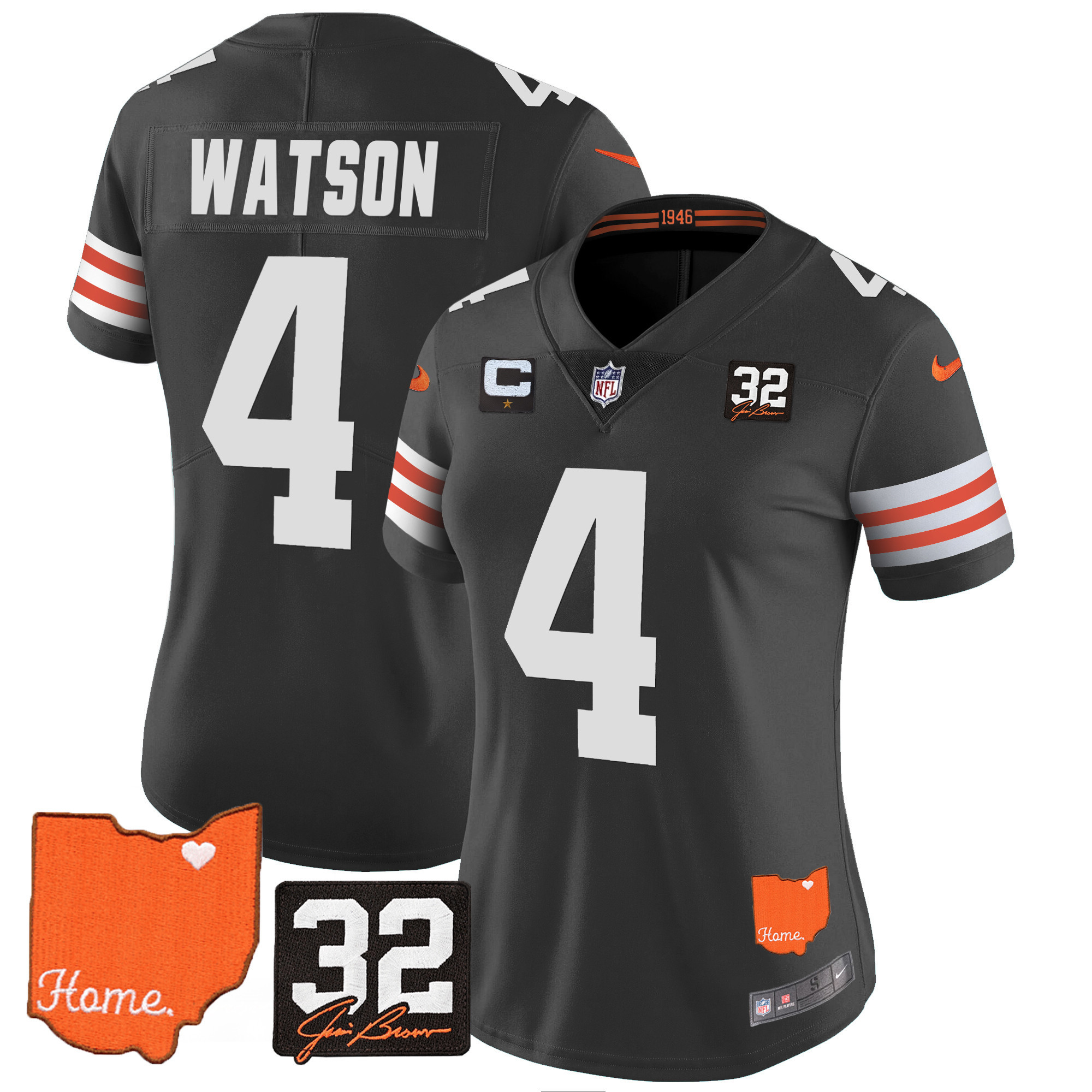 Deshaun Watson Women's Cleveland Browns #32 Jim Brown Memorial & Home Patch Black Jersey - All Stitched