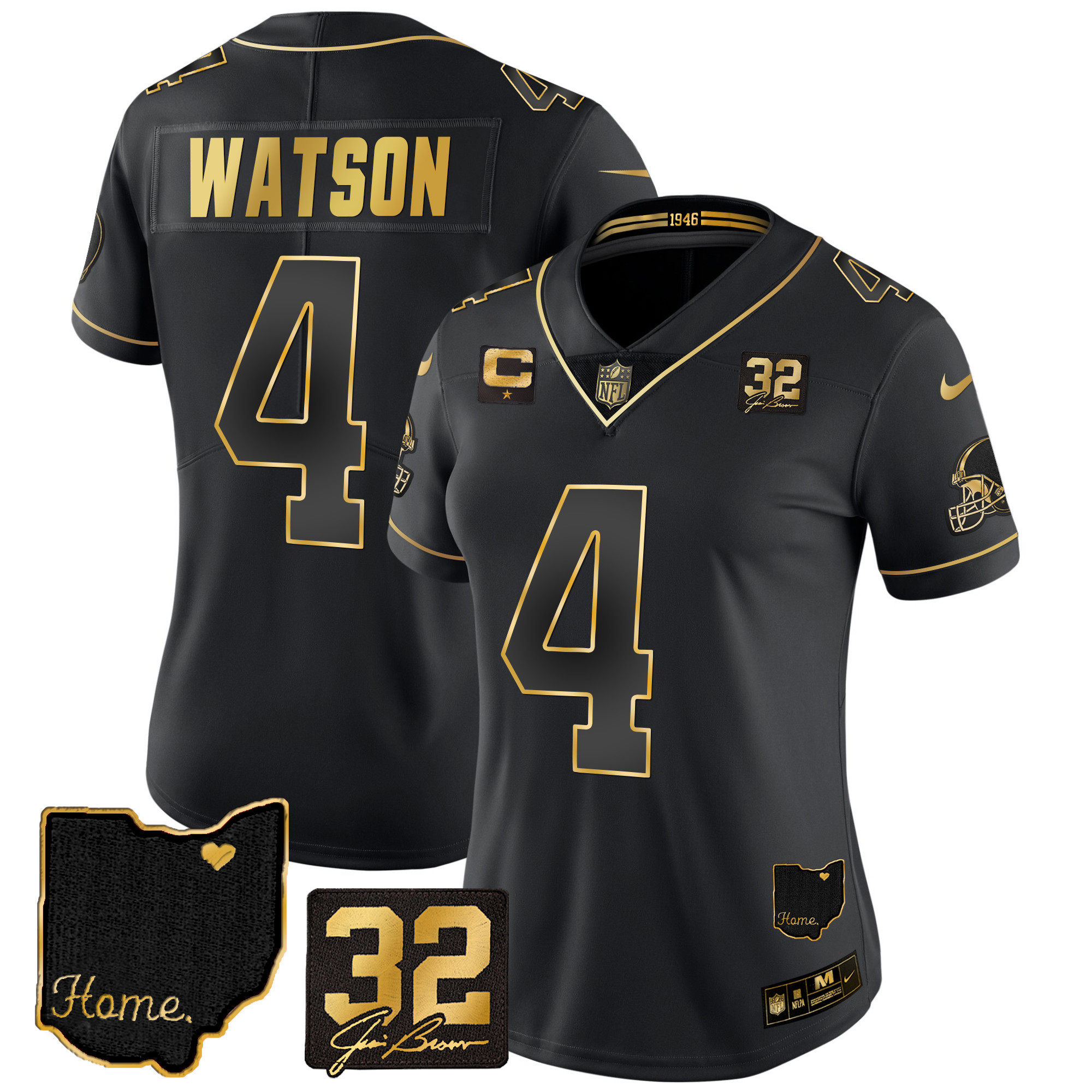 Deshaun Watson Women's Cleveland Browns #32 Jim Brown Memorial & Home Patch Gold Black Gold Jersey - All Stitched