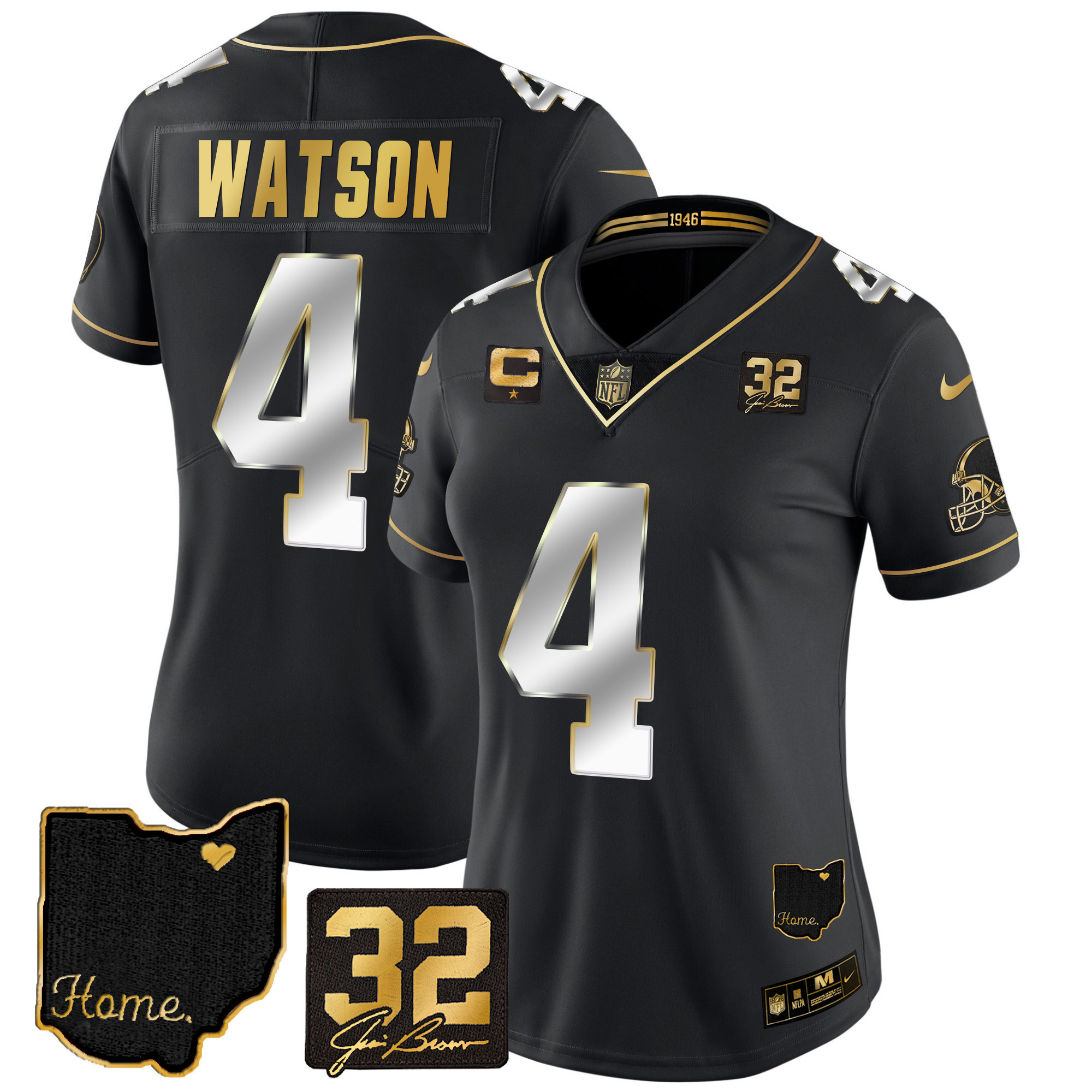 Deshaun Watson Women's Cleveland Browns #32 Jim Brown Memorial & Home Patch Gold Black Limited Jersey - All Stitched