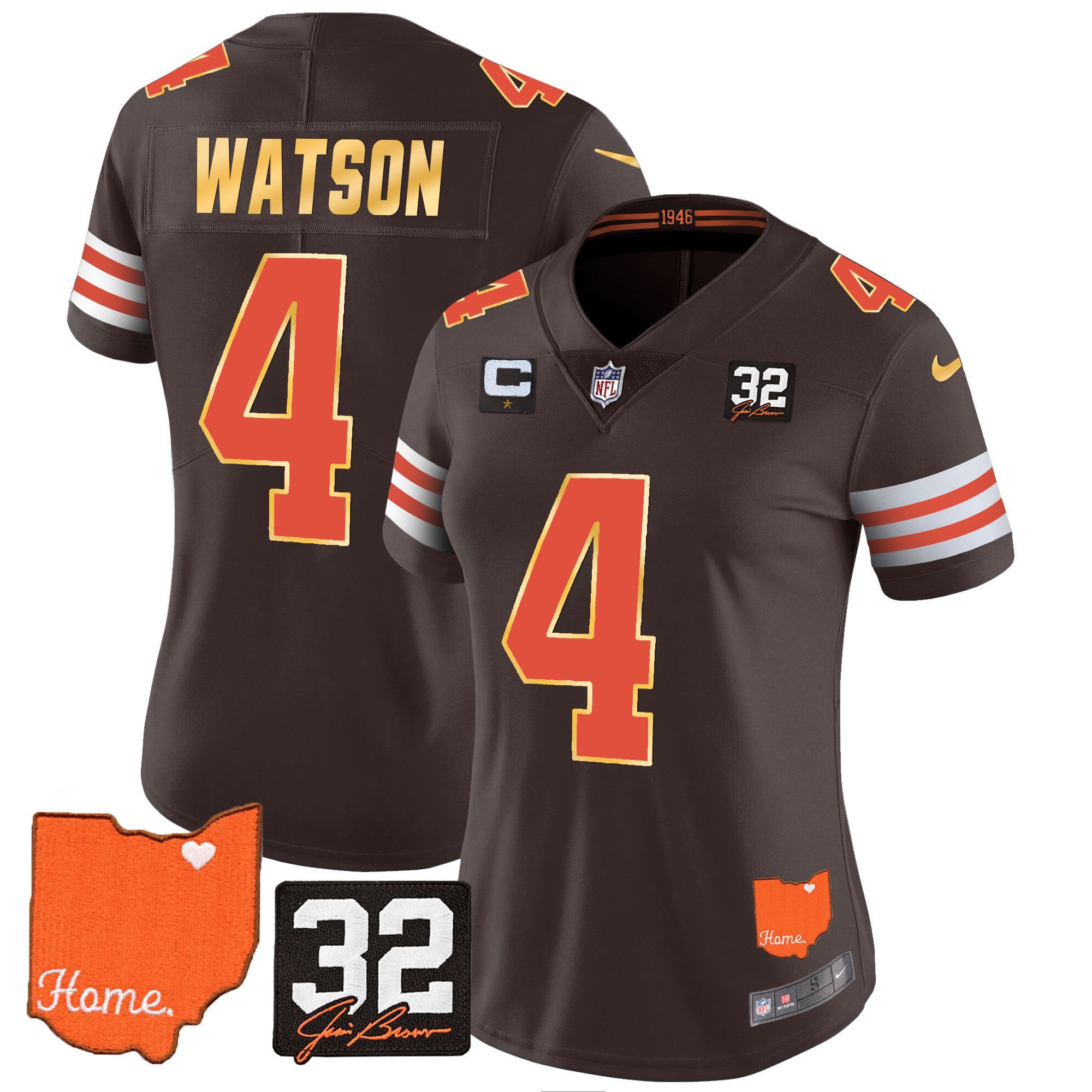 Deshaun Watson Women's Cleveland Browns #32 Jim Brown Memorial & Home Patch Gold Trim Jersey - All Stitched