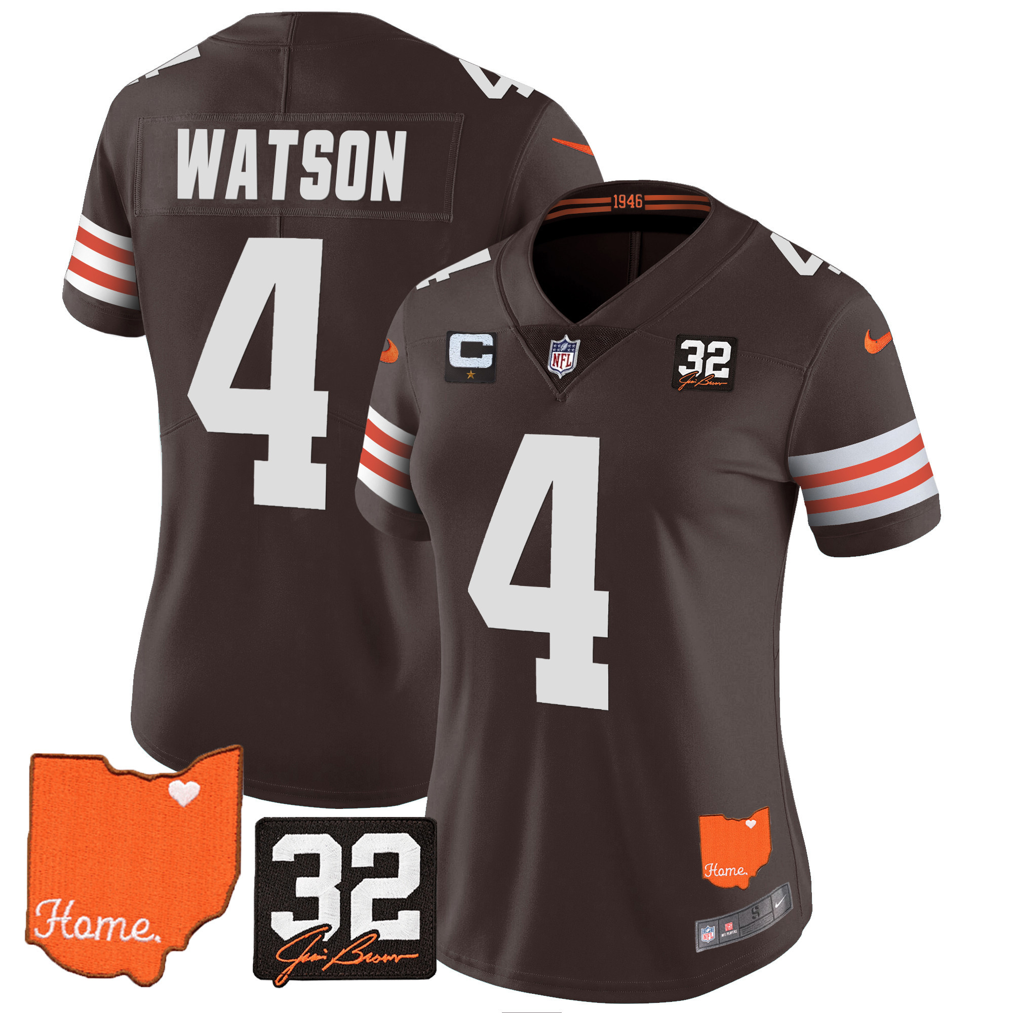 Deshaun Watson Women's Cleveland Browns #32 Jim Brown Memorial & Home Patch Jersey - All Stitched