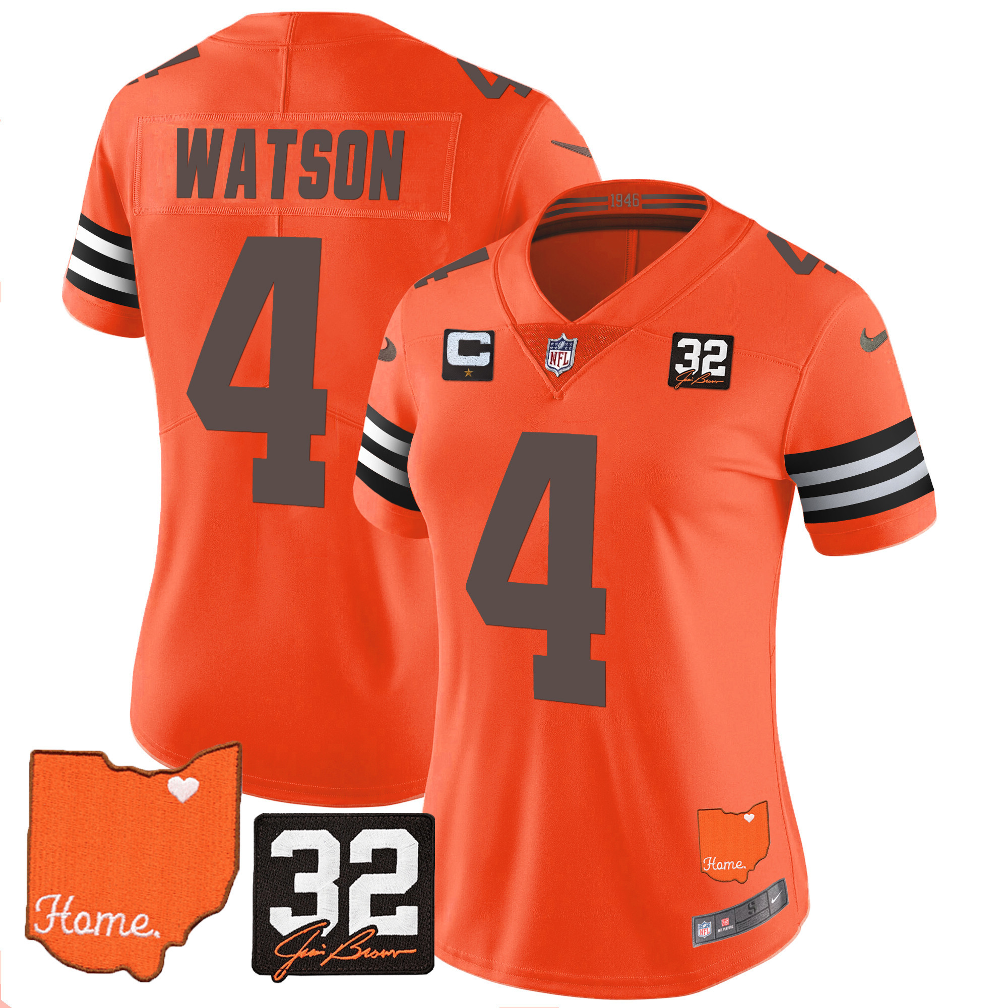 Deshaun Watson Women's Cleveland Browns #32 Jim Brown Memorial & Home Patch Orange Jersey - All Stitched