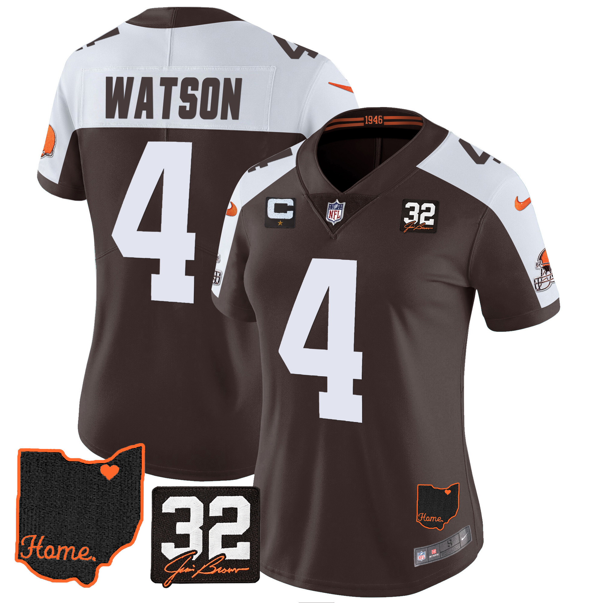 Deshaun Watson Women's Cleveland Browns #32 Jim Brown Memorial & Home Patch V3 Alternate Jersey - All Stitched
