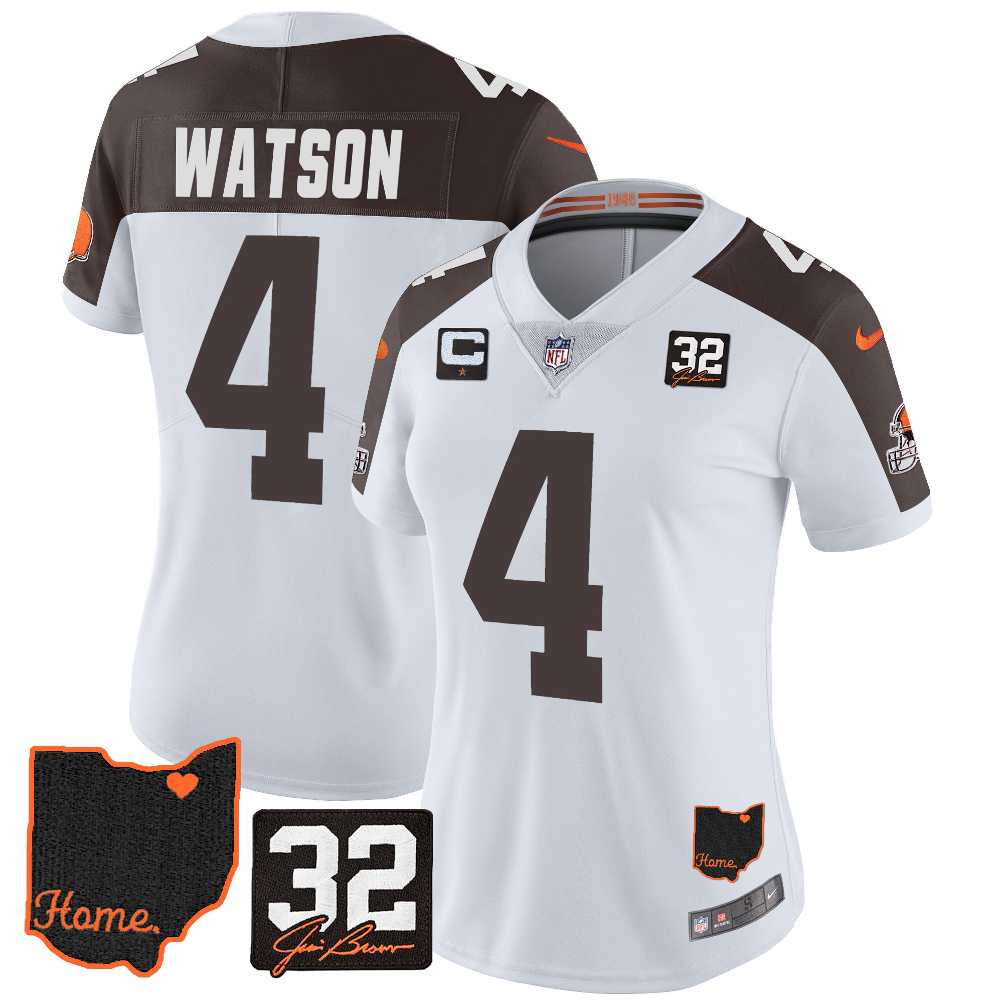 Deshaun Watson Women's Cleveland Browns #32 Jim Brown Memorial & Home Patch V3 Inverted Jersey - All Stitched