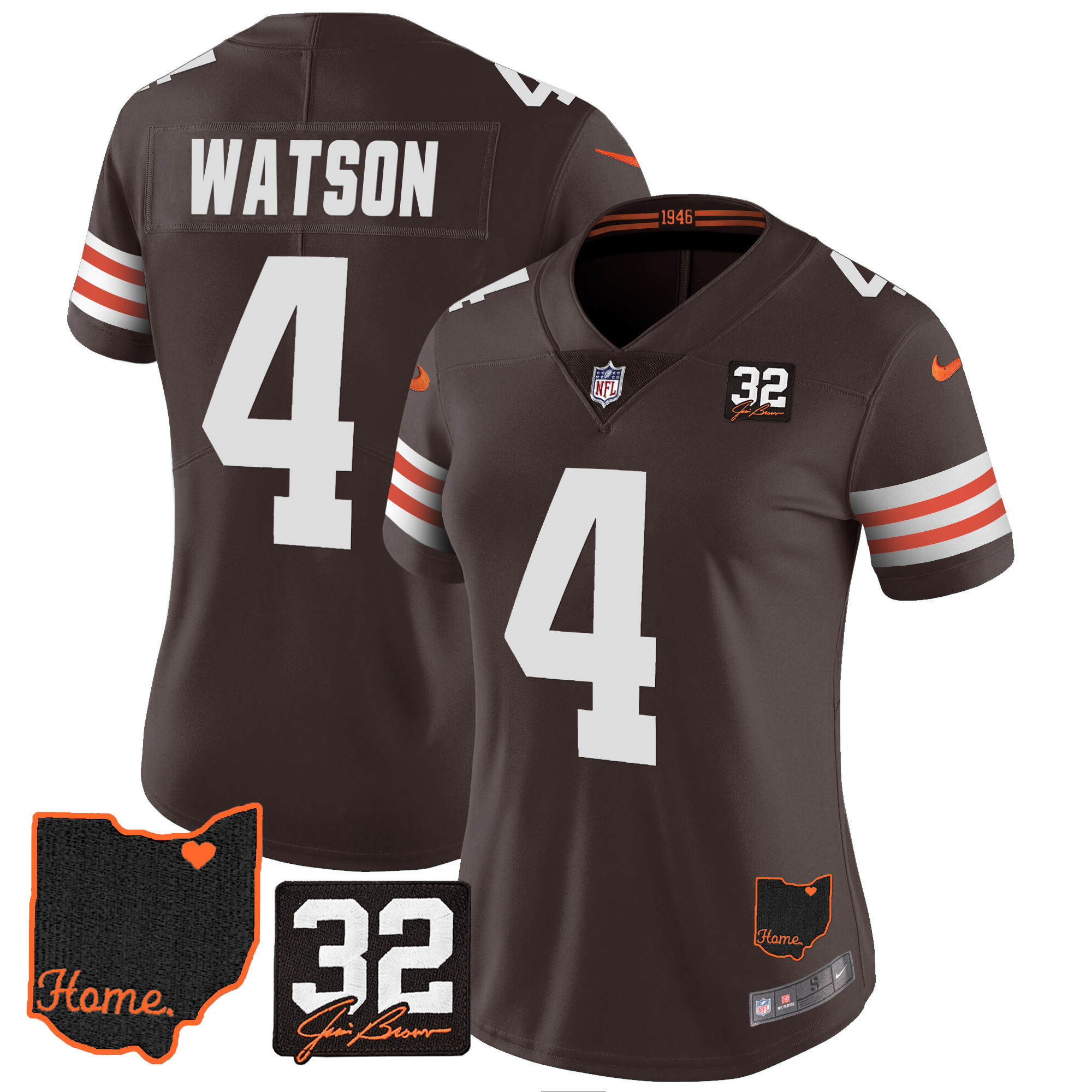 Deshaun Watson Women's Cleveland Browns #32 Jim Brown Memorial & Home Patch V3 Jersey - All Stitched
