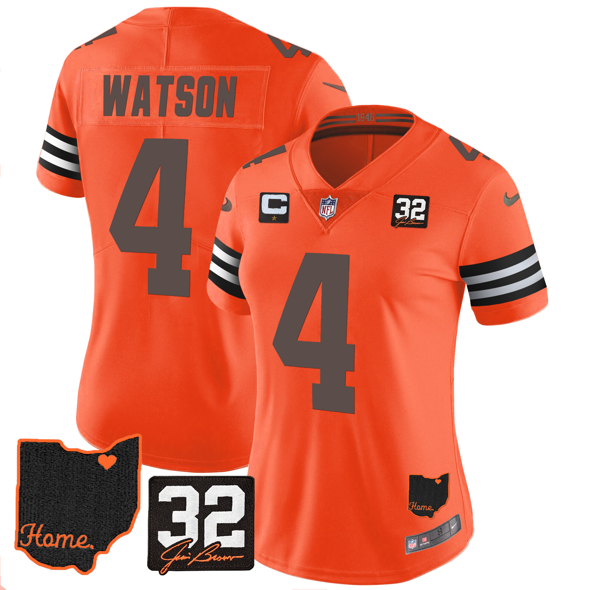 Deshaun Watson Women's Cleveland Browns #32 Jim Brown Memorial & Home Patch V3 Orange Jersey - All Stitched