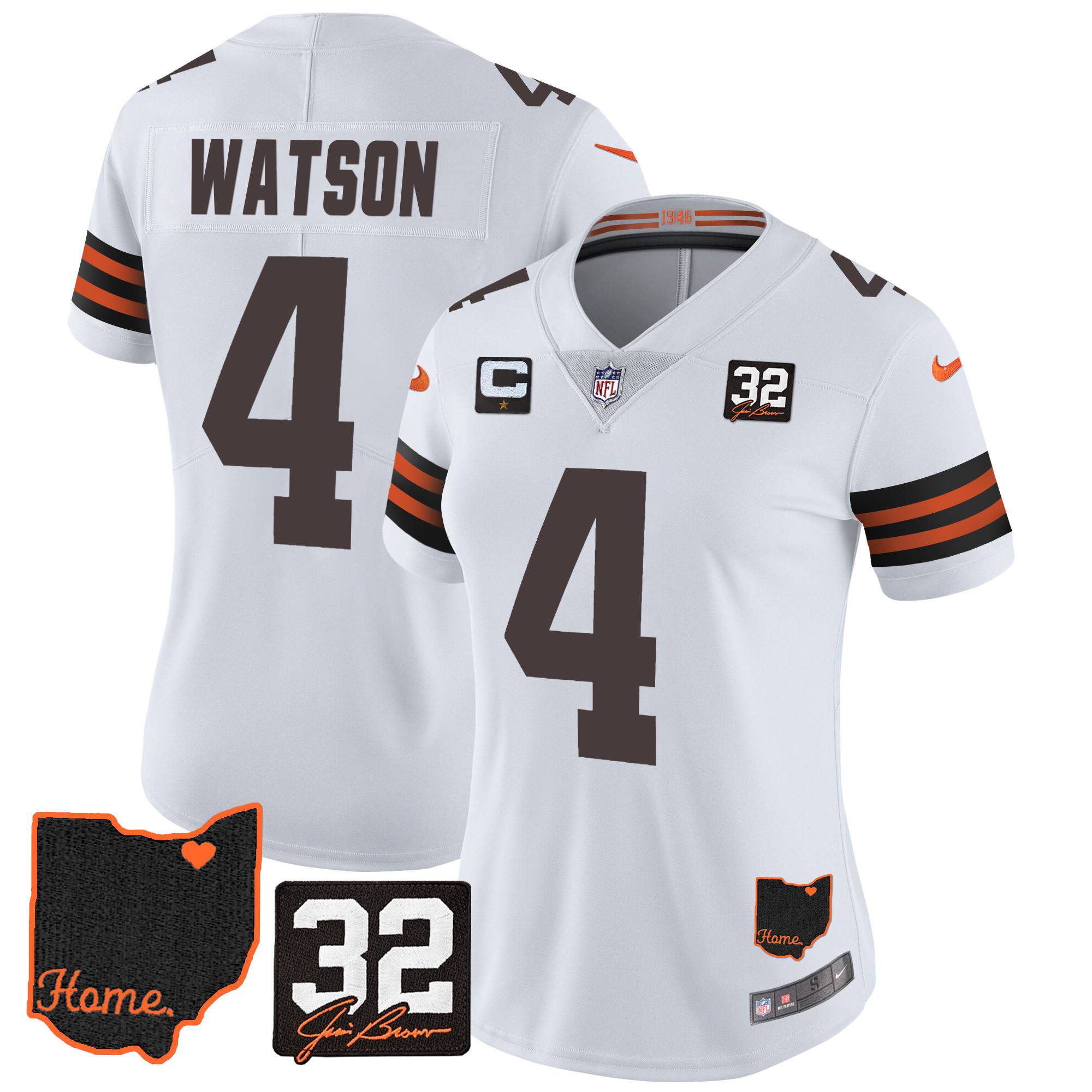 Deshaun Watson Women's Cleveland Browns #32 Jim Brown Memorial & Home Patch V3 White Jersey - All Stitched