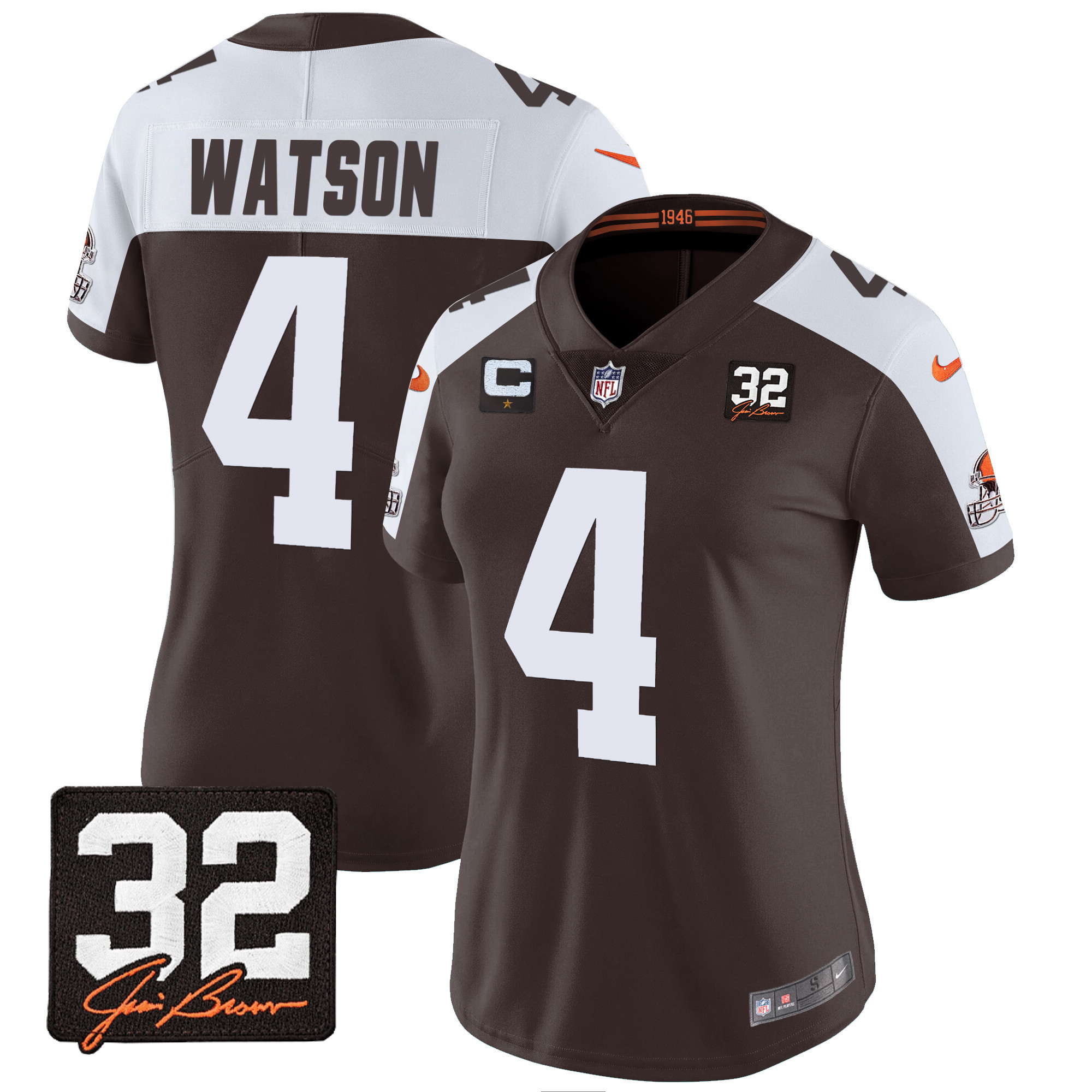 Deshaun Watson Women's Cleveland Browns #32 Jim Brown Memorial Patch Alternate Jersey - All Stitched