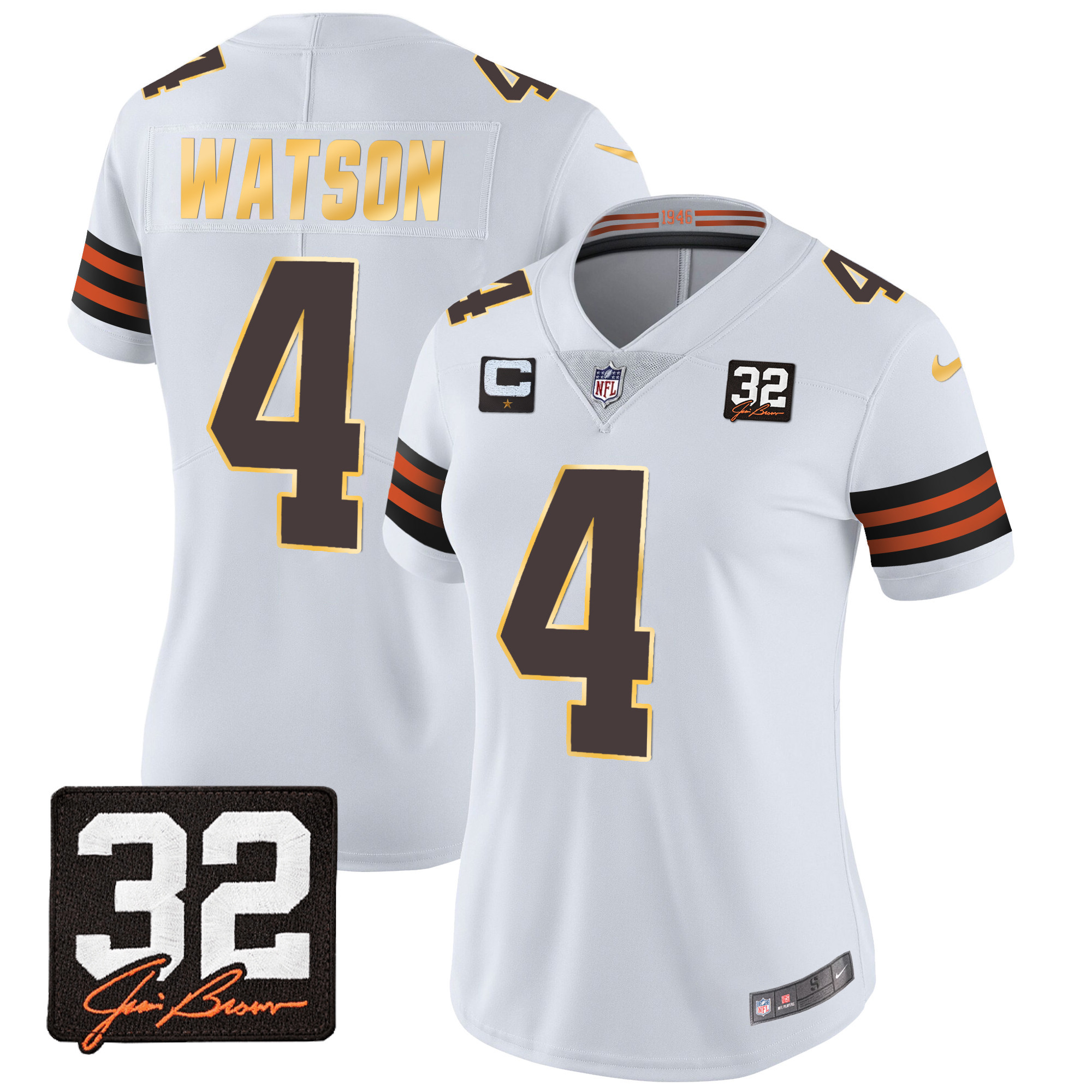Deshaun Watson Women's Cleveland Browns #32 Jim Brown Memorial Patch Gold Trim White Jersey - All Stitched