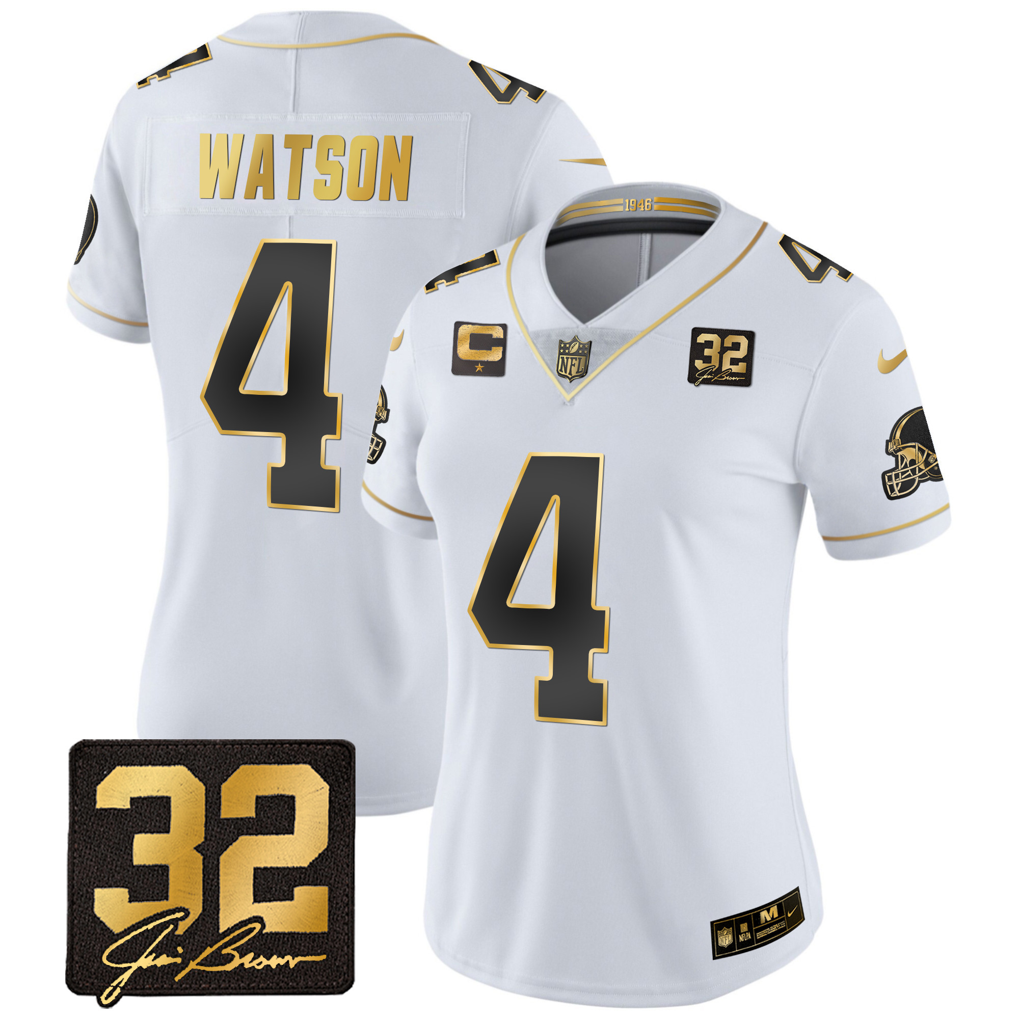 Deshaun Watson Women's Cleveland Browns #32 Jim Brown Memorial Patch Gold White Gold Jersey - All Stitched
