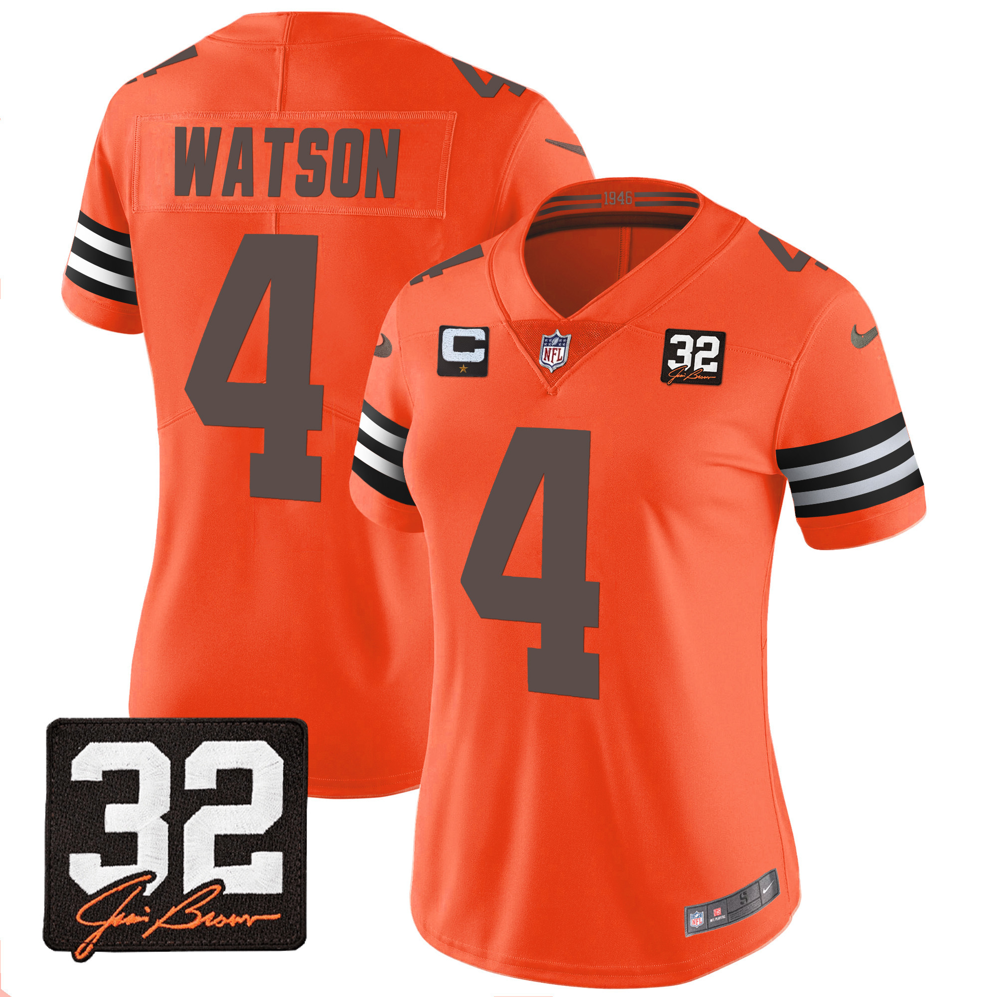 Deshaun Watson Women's Cleveland Browns #32 Jim Brown Memorial Patch Orange Jersey - All Stitched