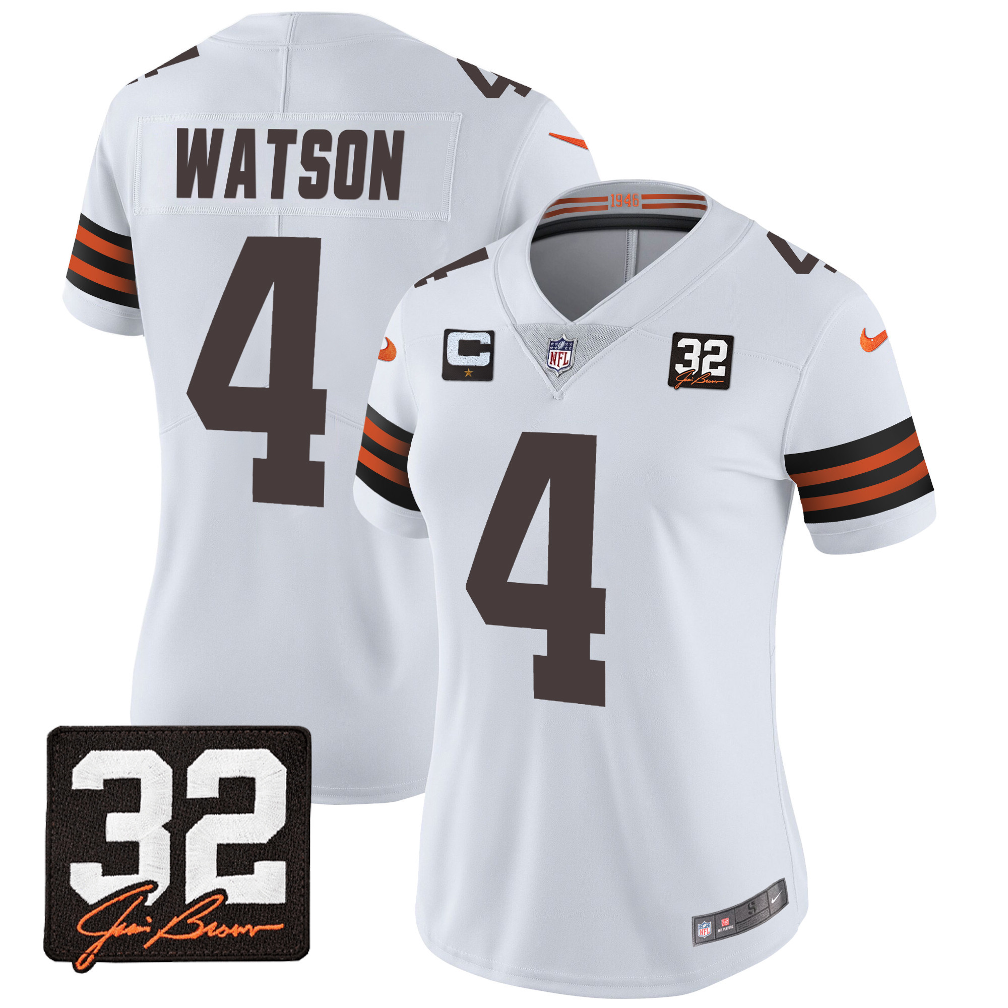 Deshaun Watson Women's Cleveland Browns #32 Jim Brown Memorial Patch White Jersey - All Stitched
