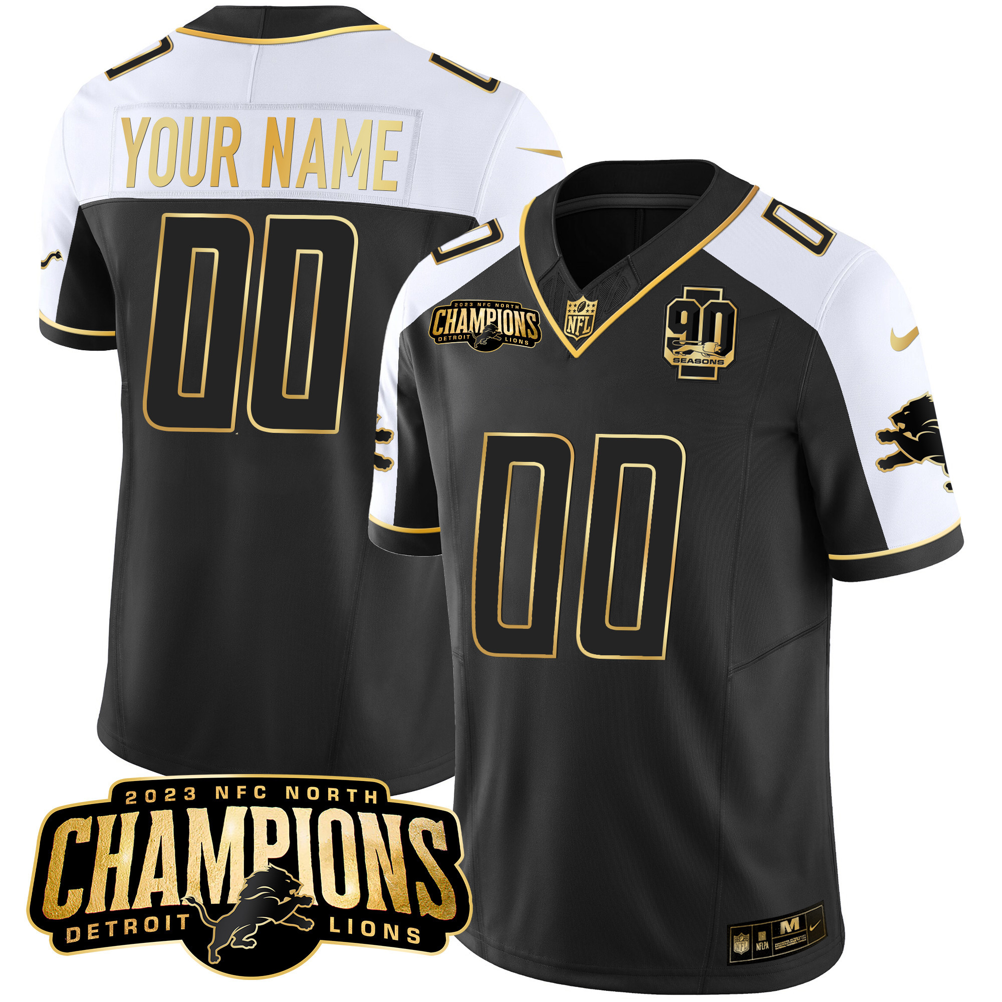 Detroit Lions 2023 NFC North Champions Patch Gold Vapor Custom Alternate Jersey - All Stitched 