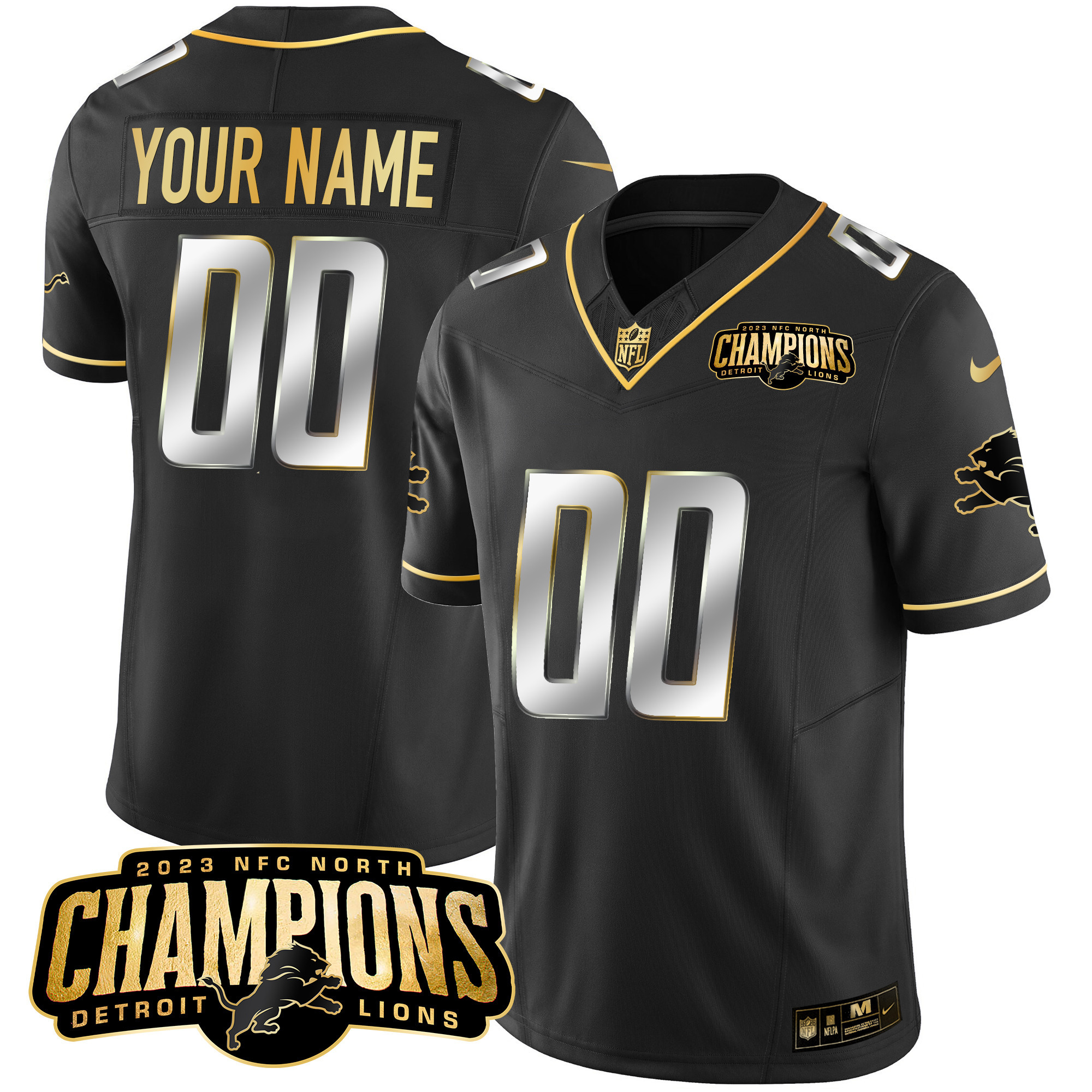 Detroit Lions 2023 NFC North Champions Patch Gold Vapor Custom Black Limited Jersey - All Stitched 