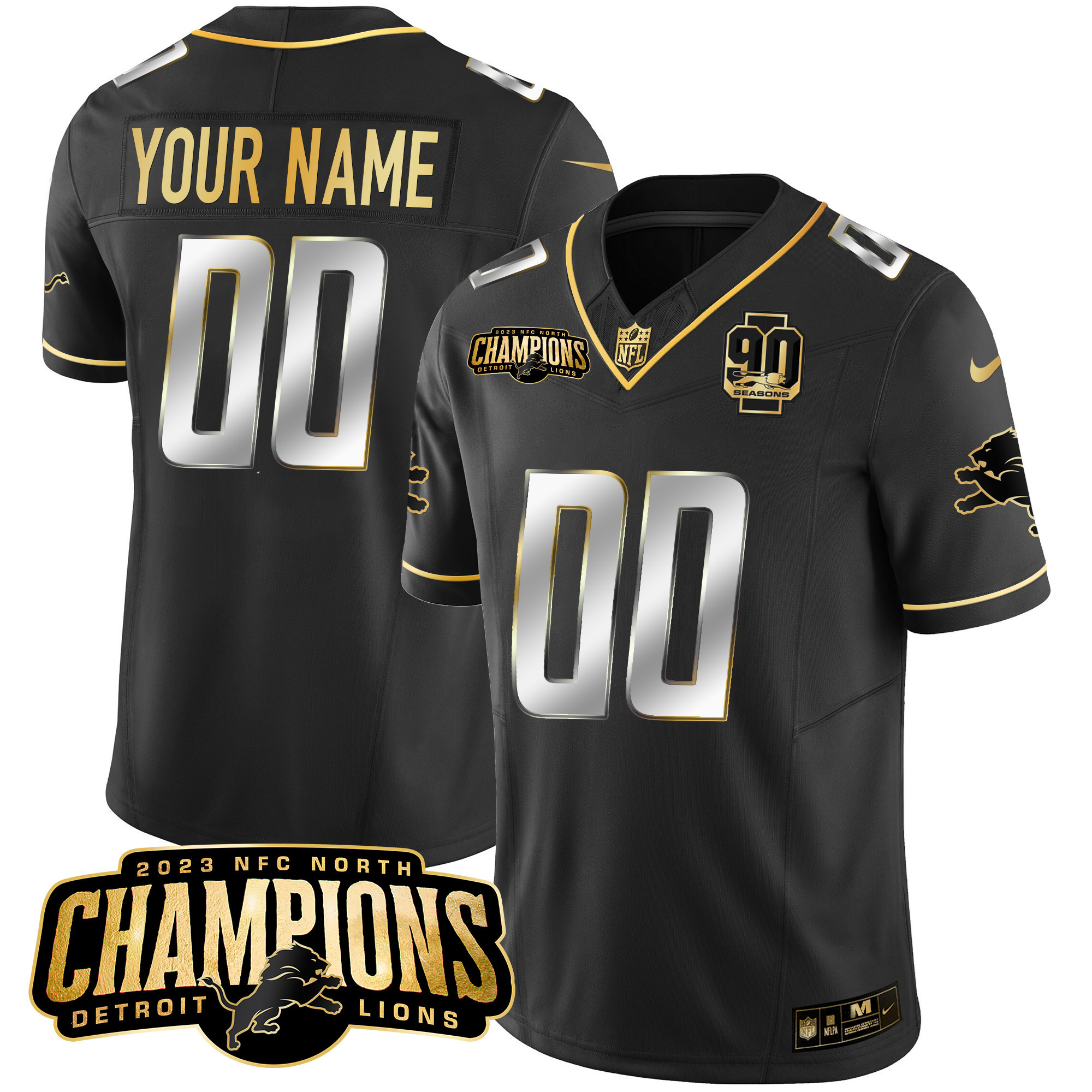 Detroit Lions 2023 NFC North Champions Patch Gold Vapor Custom Black Limited Jersey - All Stitched 