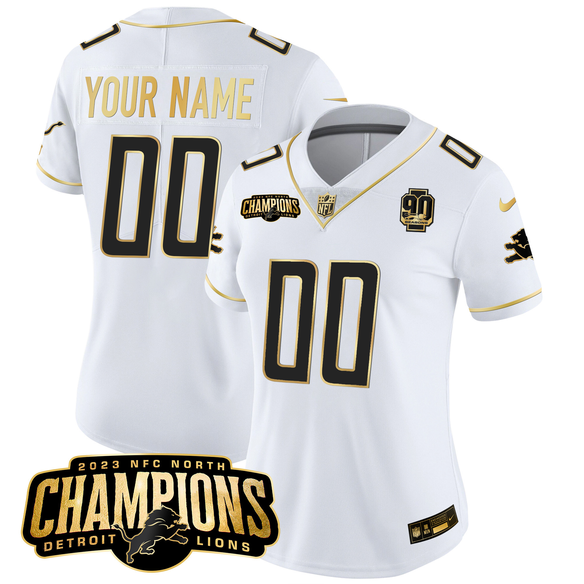 Detroit Lions 2023 NFC North Champions Patch Gold Vapor Custom White Gold Jersey - All Stitched 