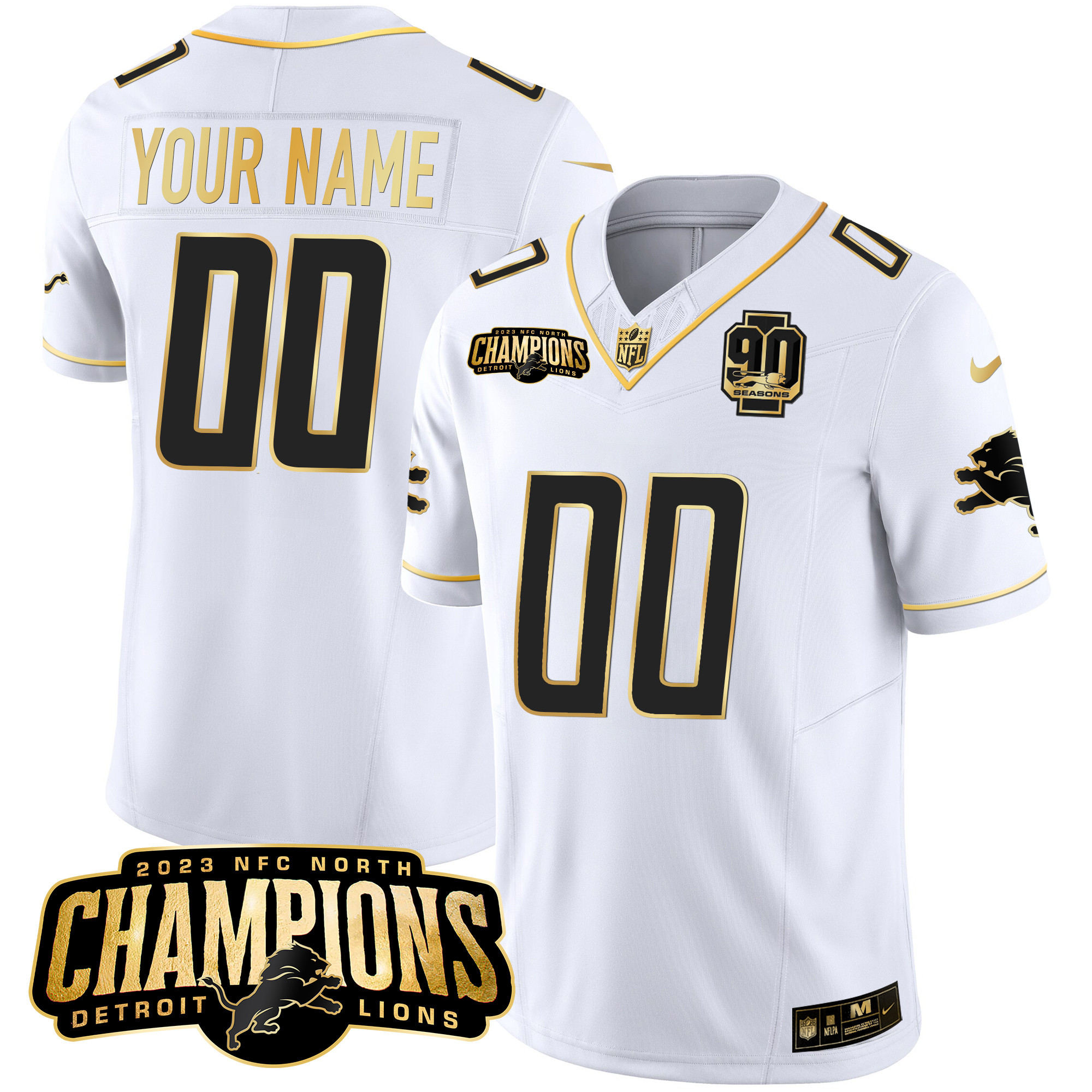 Detroit Lions 2023 NFC North Champions Patch Gold Vapor Custom White Gold Jersey - All Stitched 