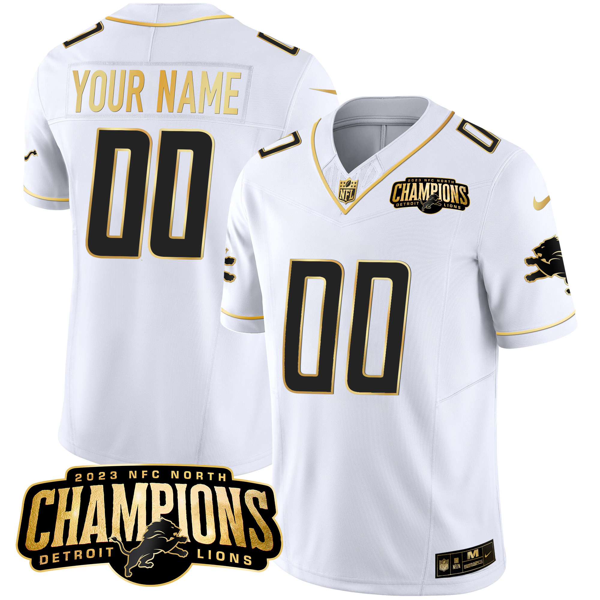 Detroit Lions 2023 NFC North Champions Patch Gold Vapor Custom White Gold Jersey - All Stitched 