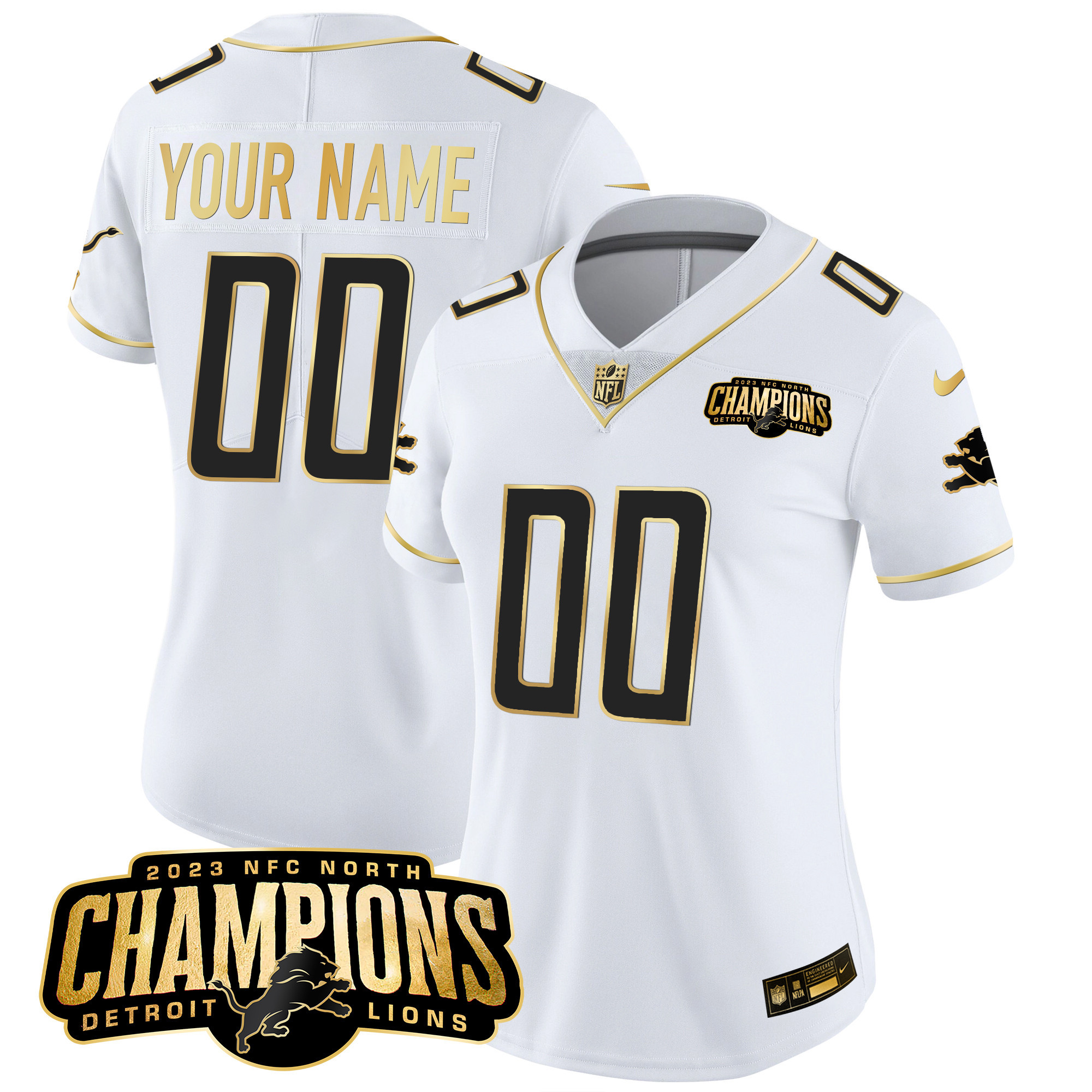 Detroit Lions 2023 NFC North Champions Patch Gold Vapor Custom White Gold Jersey - All Stitched 