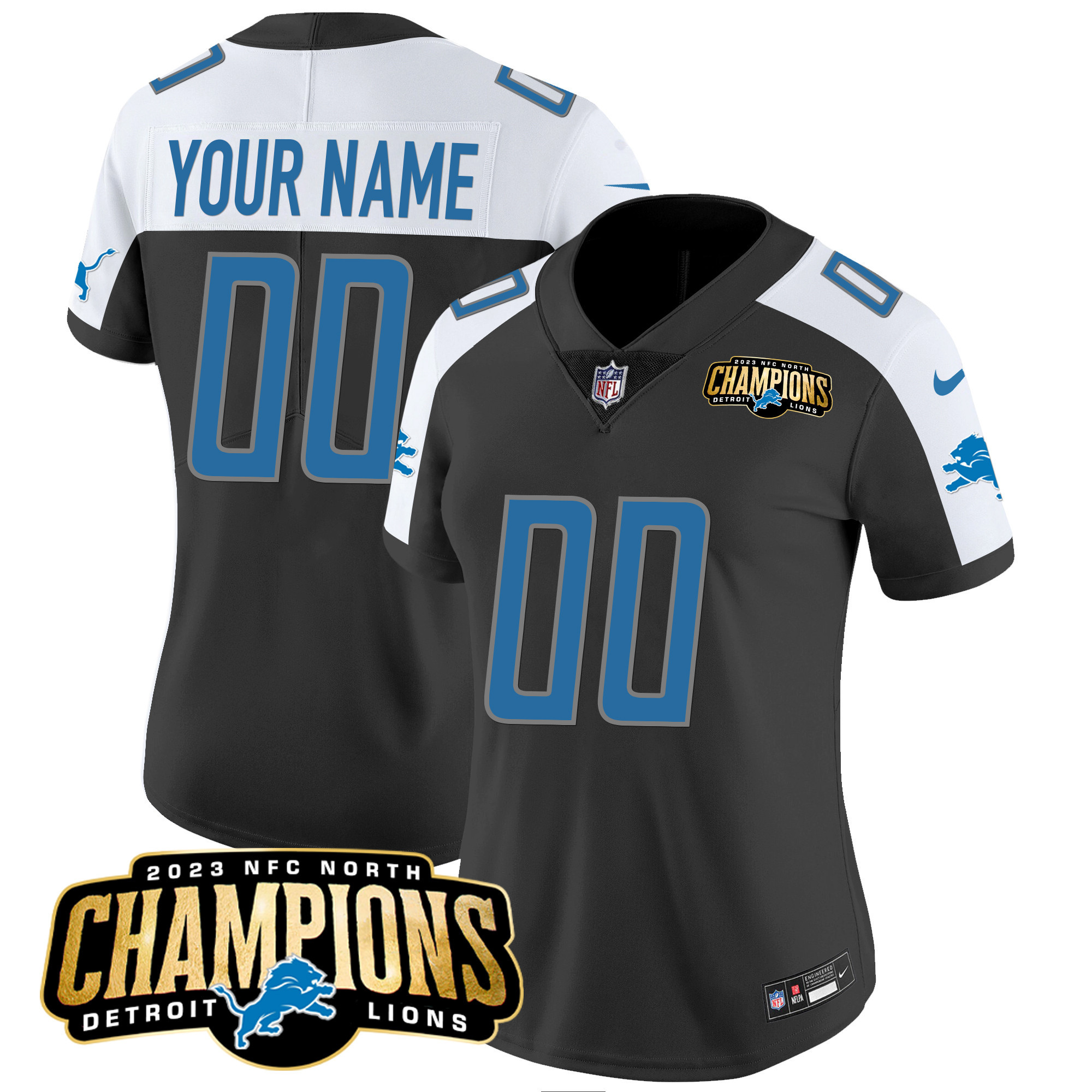 Detroit Lions 2023 NFC North Champions Patch Vapor Custom Black Alternate Jersey - All Stitched 