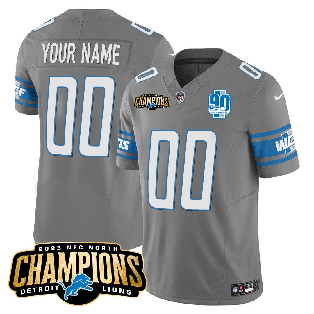 Detroit Lions 2023 NFC North Champions Patch Vapor Custom Gray Jersey - All Stitched 