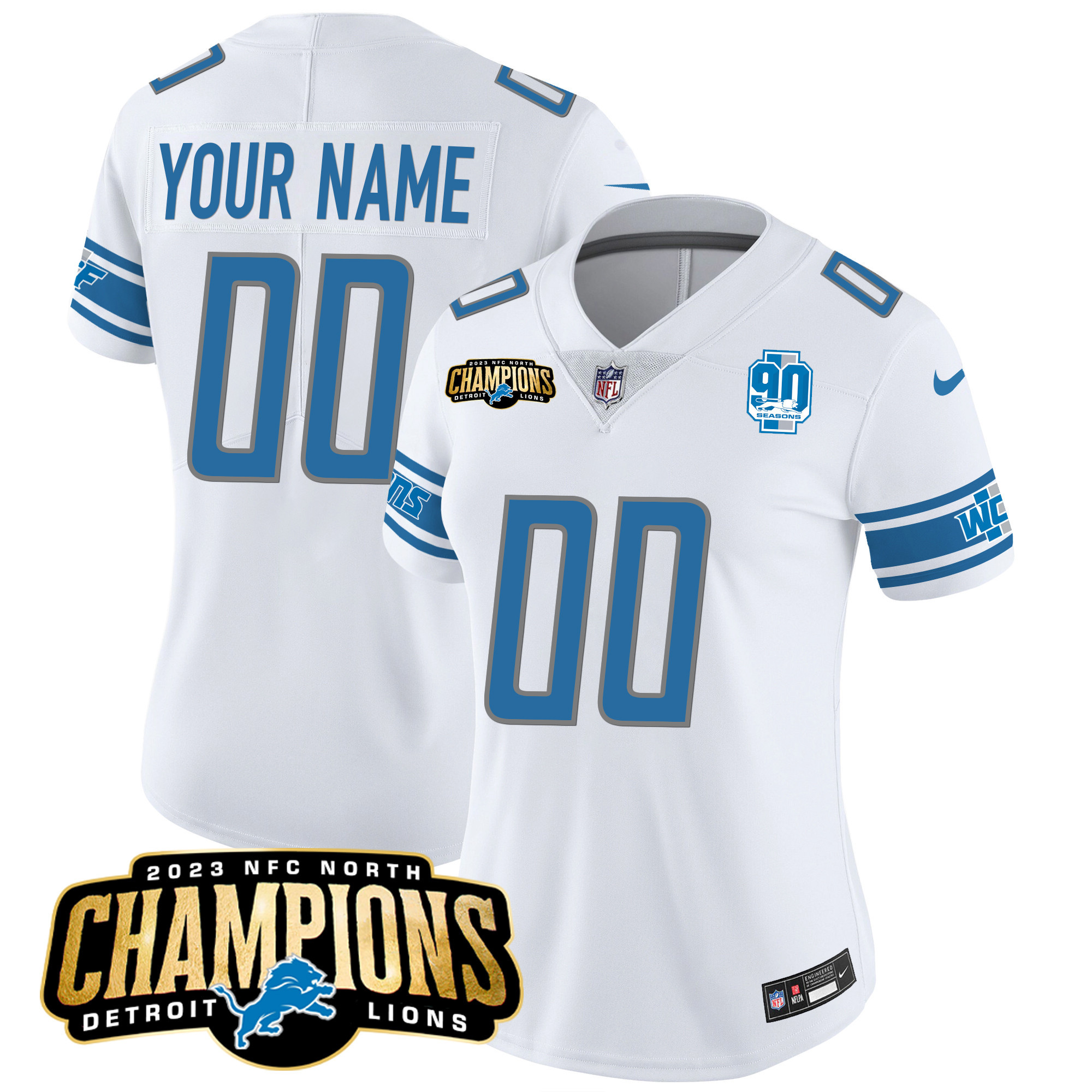 Detroit Lions 2023 NFC North Champions Patch Vapor Custom White Jersey - All Stitched 