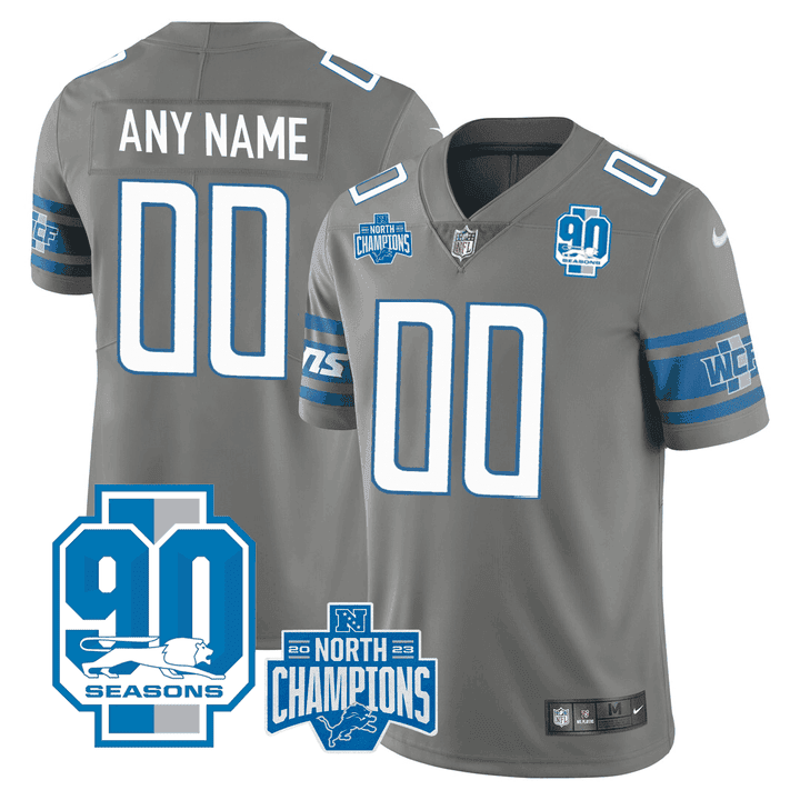 Detroit Lions 2023 NFC North Division Champions & 90th Year Patch Vapor Custom Gray Jersey - All Stitched 