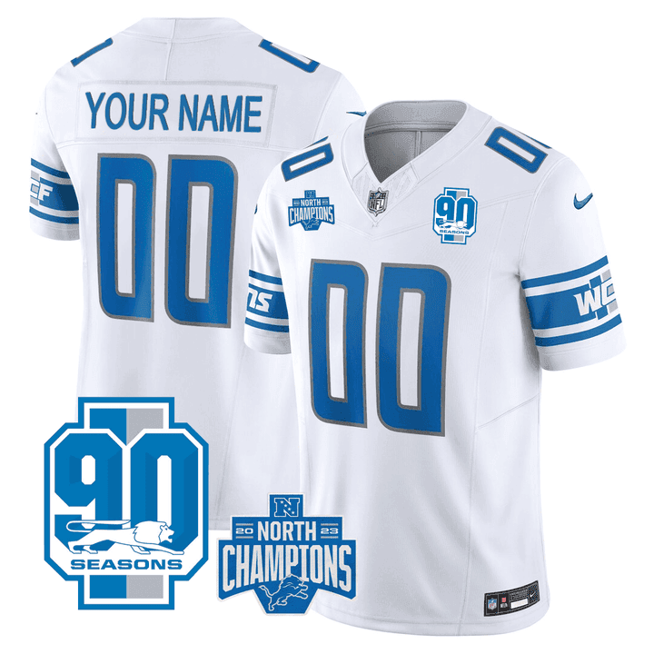 Detroit Lions 2023 NFC North Division Champions & 90th Year Patch Vapor Custom White Jersey - All Stitched 