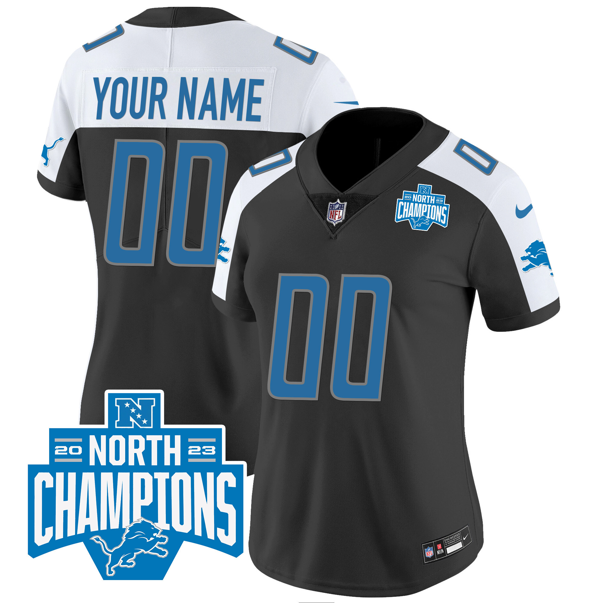 Detroit Lions 2023 NFC North Division Champions Patch Vapor Custom Black Alternate Jersey - All Stitched 