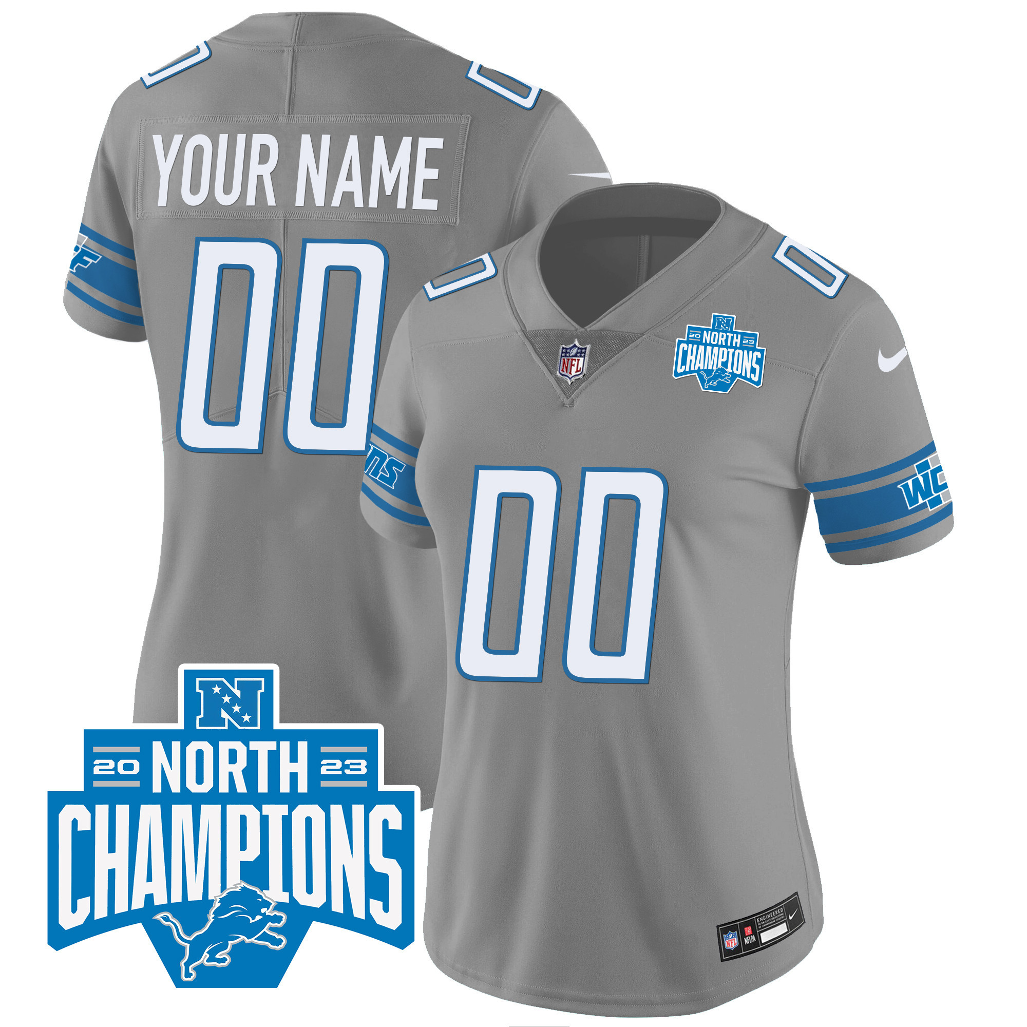 Detroit Lions 2023 NFC North Division Champions Patch Vapor Custom Gray Jersey - All Stitched 