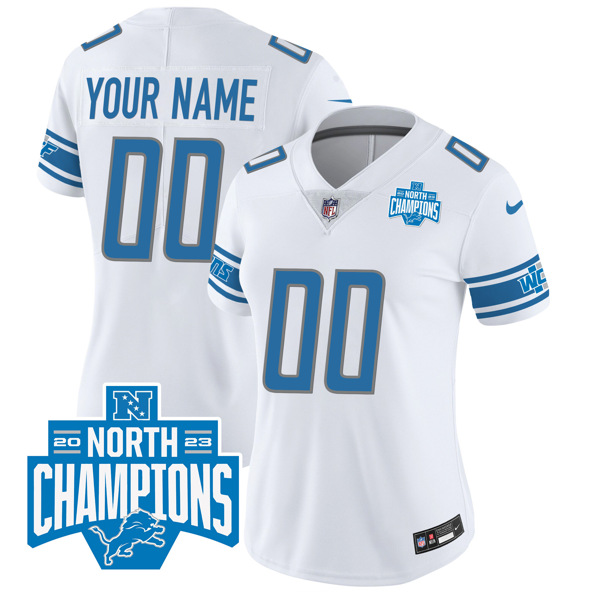 Detroit Lions 2023 NFC North Division Champions Patch Vapor Custom White Jersey - All Stitched 