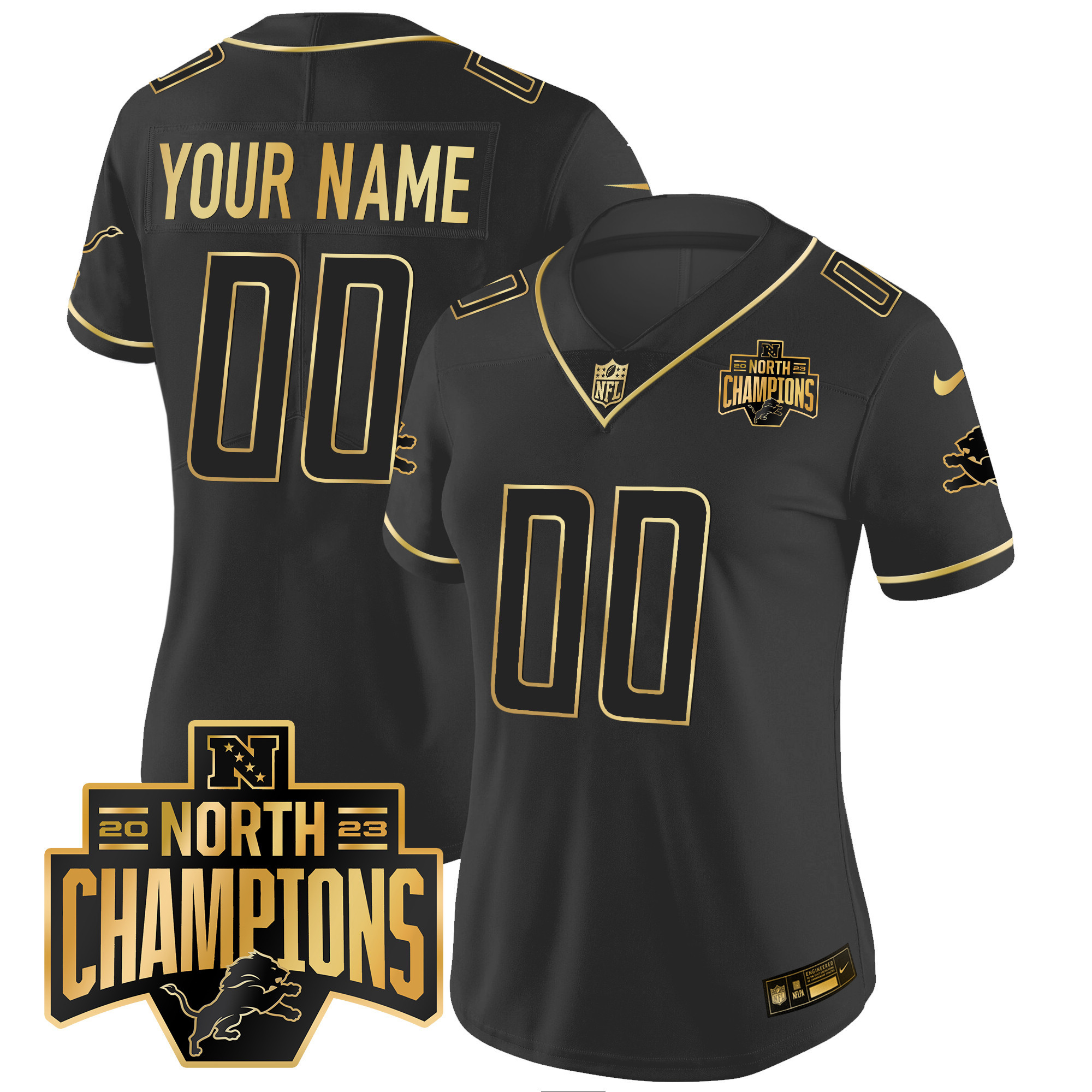 Detroit Lions 2023 NFC North Division Champions Patch Vapor Gold Custom Black Gold Jersey - All Stitched 