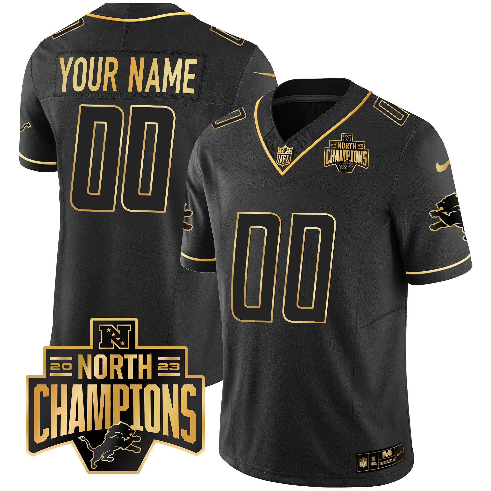 Detroit Lions 2023 NFC North Division Champions Patch Vapor Gold Custom Black Gold Jersey - All Stitched 
