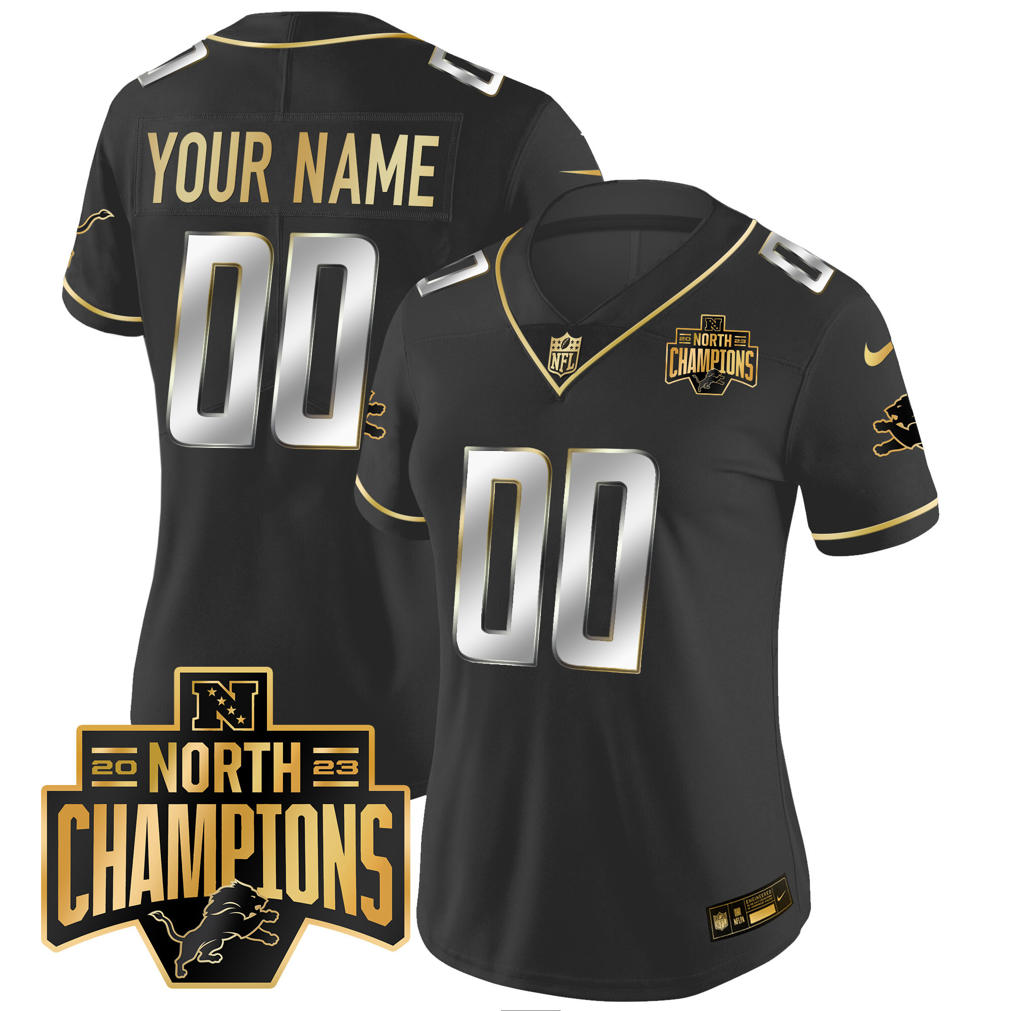 Detroit Lions 2023 NFC North Division Champions Patch Vapor Gold Custom Black Limited Jersey - All Stitched 