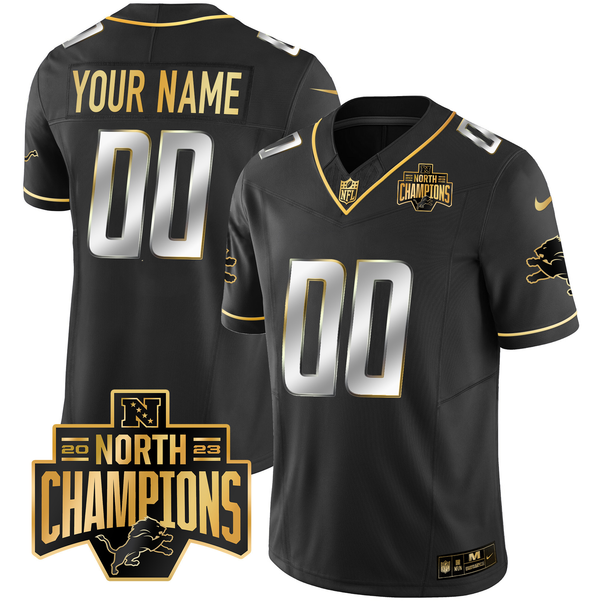 Detroit Lions 2023 NFC North Division Champions Patch Vapor Gold Custom Black Limited Jersey - All Stitched 