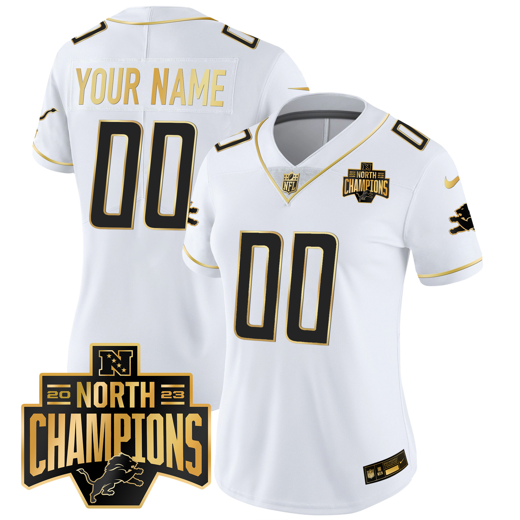 Detroit Lions 2023 NFC North Division Champions Patch Vapor Gold Custom White Gold Jersey - All Stitched 