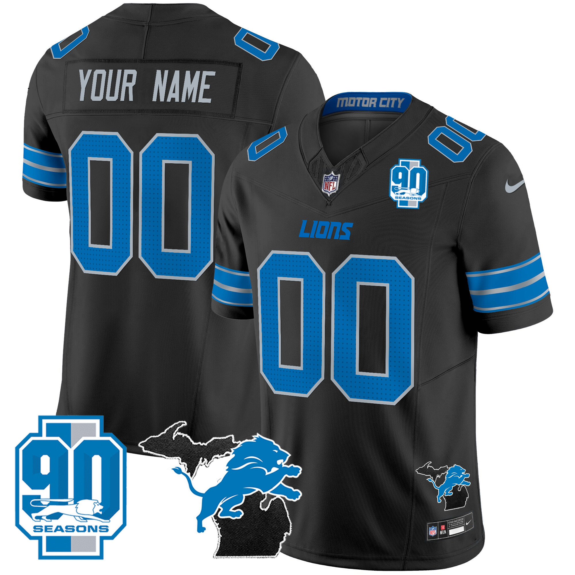 Detroit Lions 2024 Michigan & 90th Year Patch Vapor Custom Black Jersey - All Stitched 