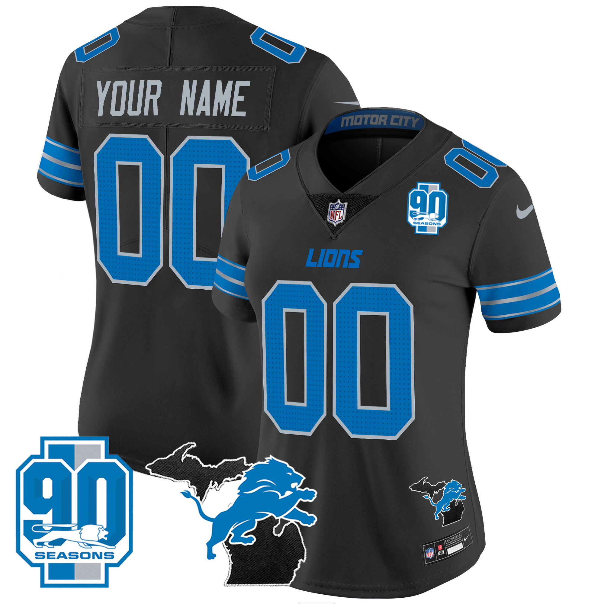 Detroit Lions 2024 Michigan & 90th Year Patch Vapor Custom Black Jersey - All Stitched 