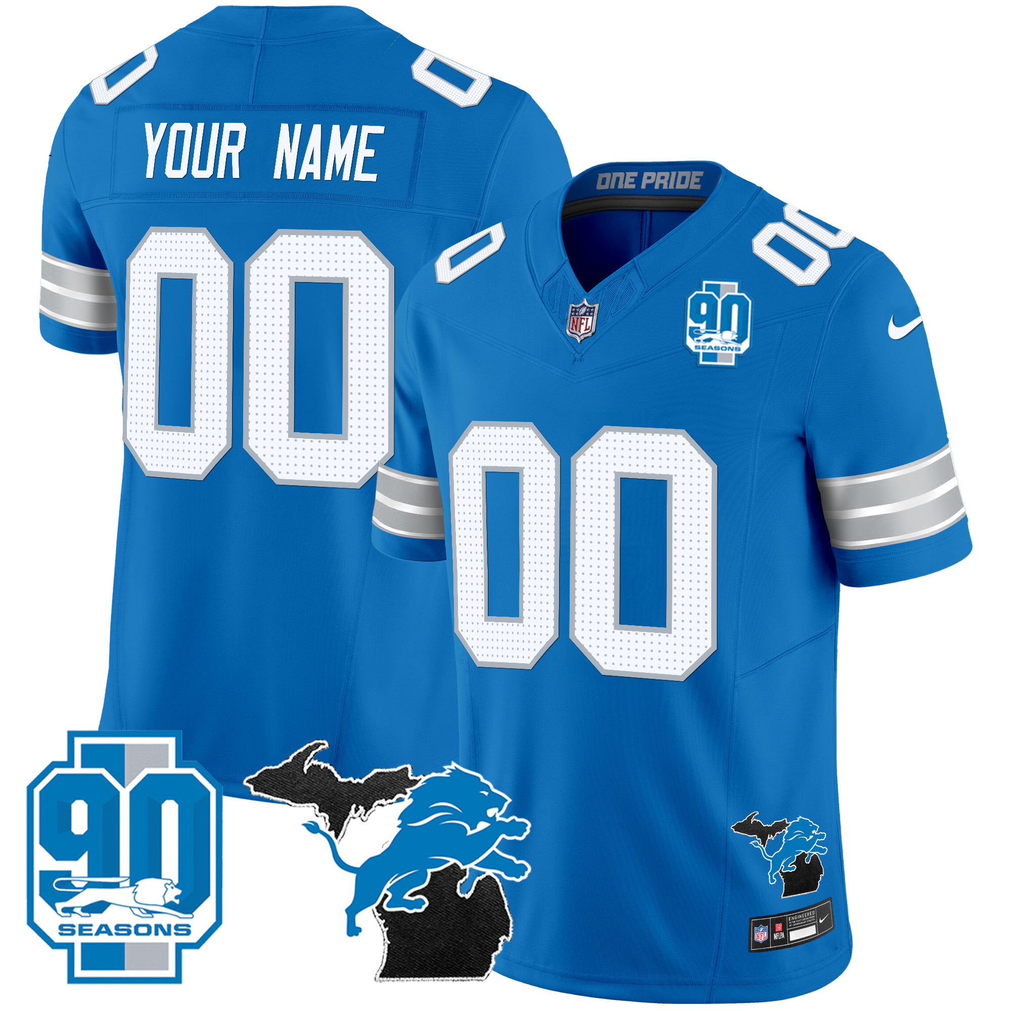 Detroit Lions 2024 Michigan & 90th Year Patch Vapor Custom Blue Jersey - All Stitched 