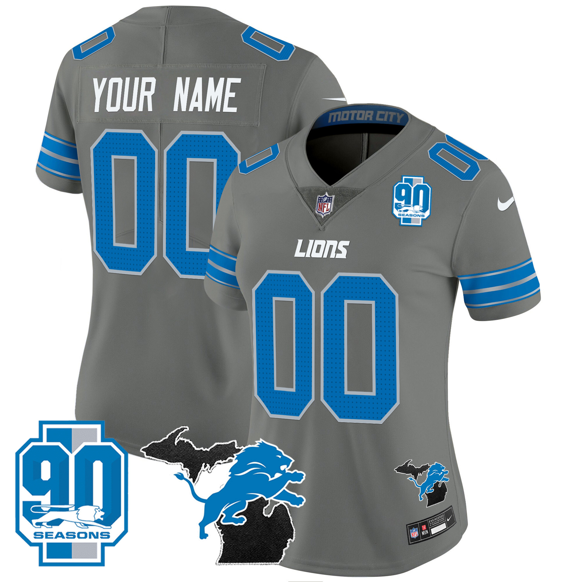 Detroit Lions 2024 Michigan & 90th Year Patch Vapor Custom Gray Jersey - All Stitched 
