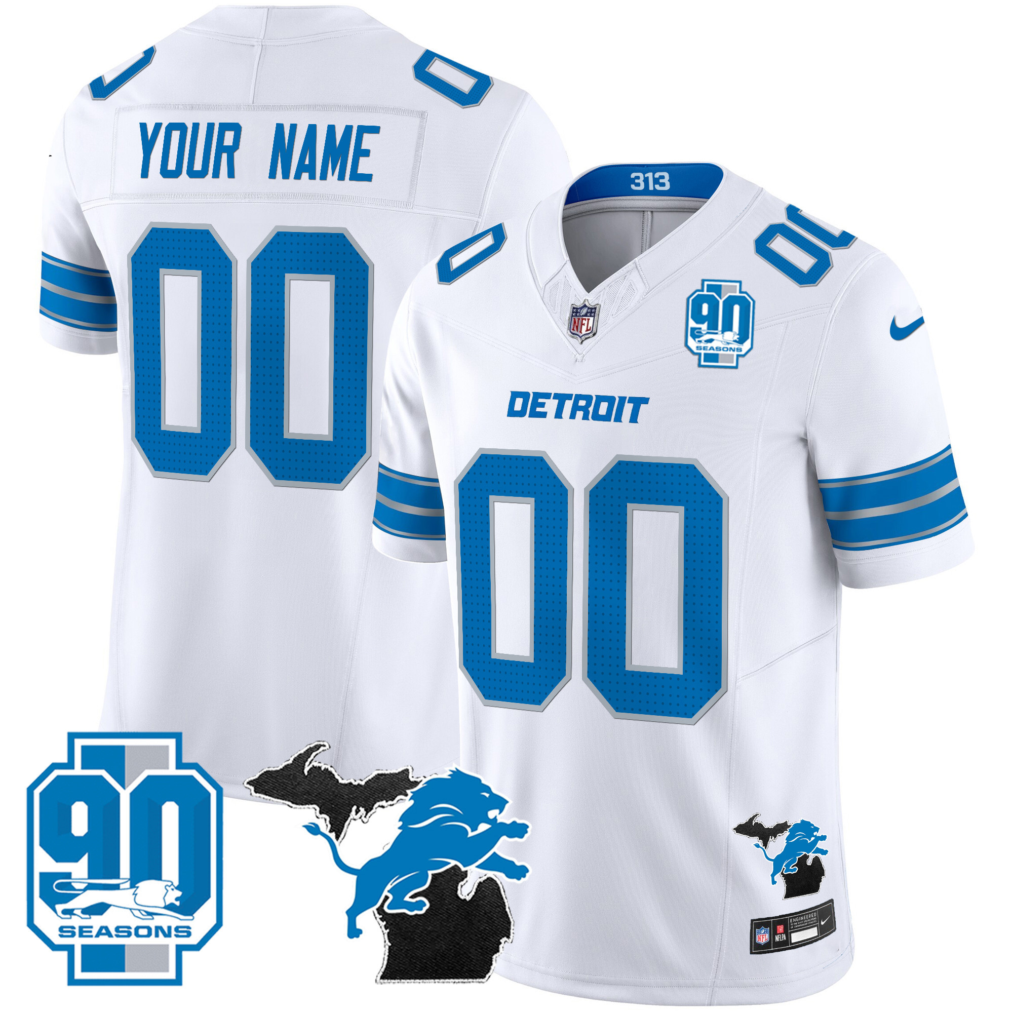 Detroit Lions 2024 Michigan & 90th Year Patch Vapor Custom White Jersey - All Stitched 