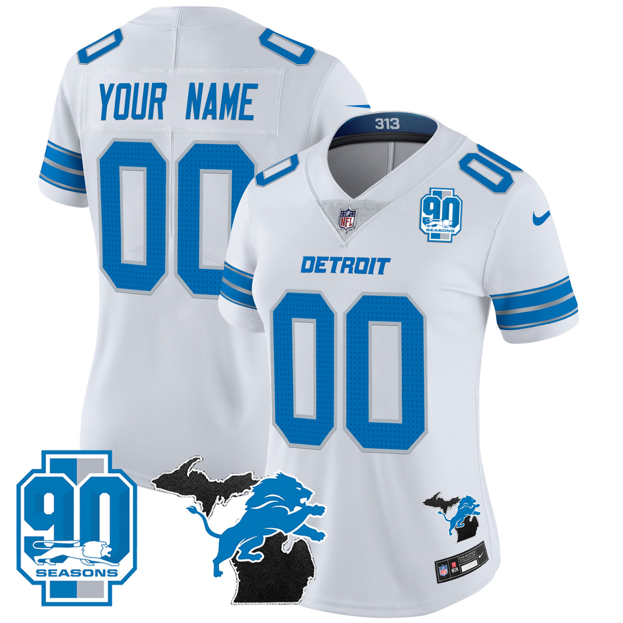 Detroit Lions 2024 Michigan & 90th Year Patch Vapor Custom White Jersey - All Stitched 