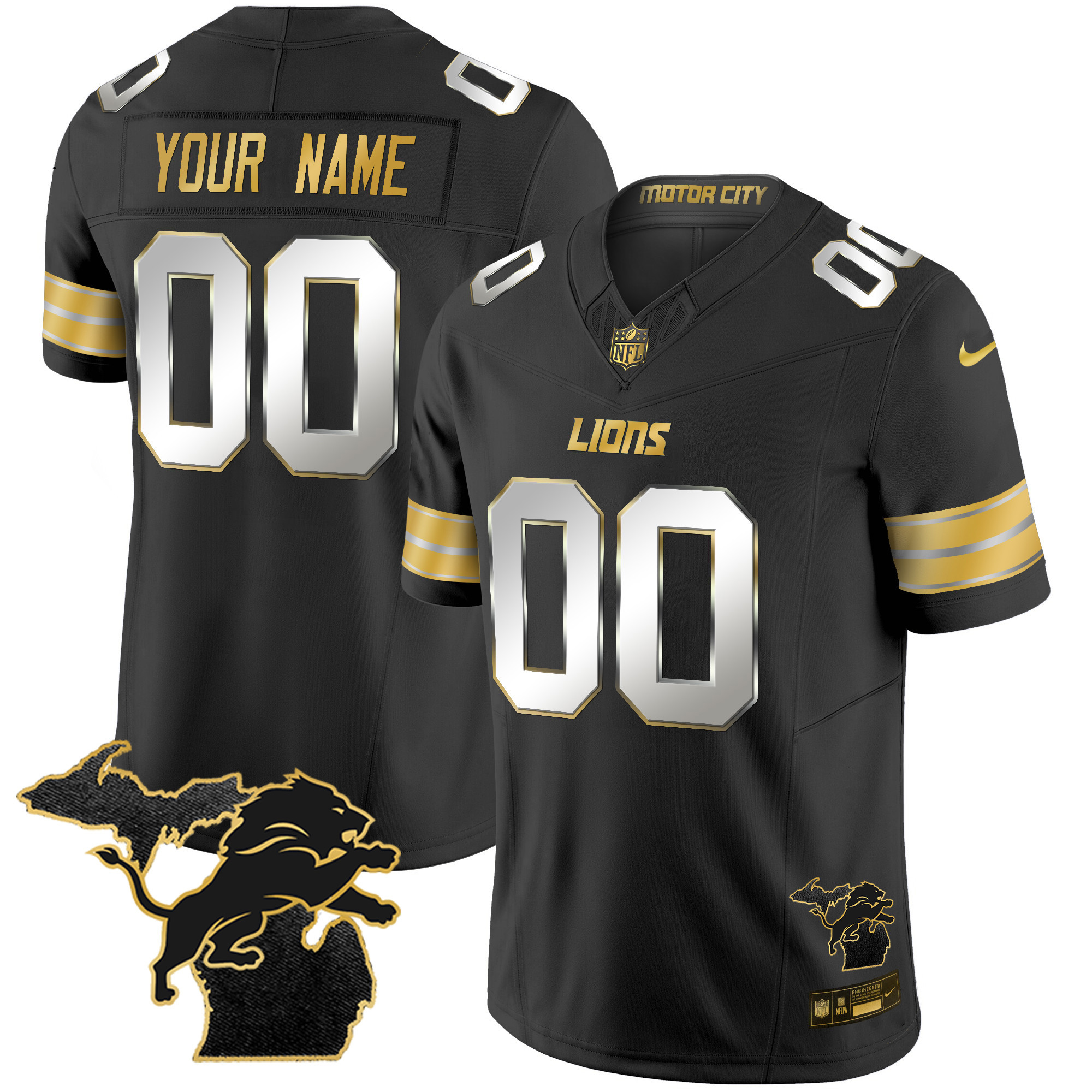 Detroit Lions 2024 Michigan Patch Gold Vapor Custom Black Limited Jersey - All Stitched 