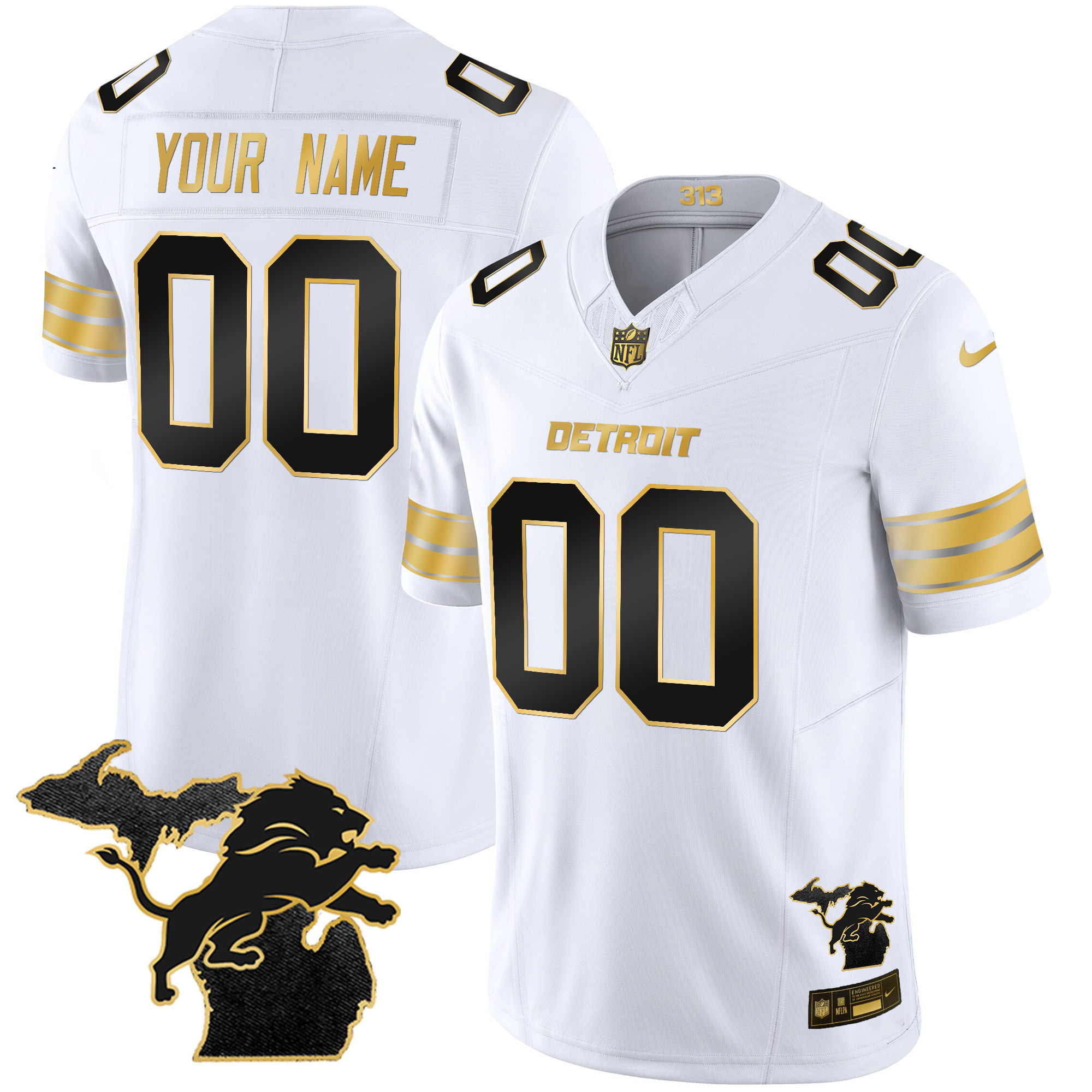 Detroit Lions 2024 Michigan Patch Gold Vapor Custom White Gold Jersey - All Stitched 