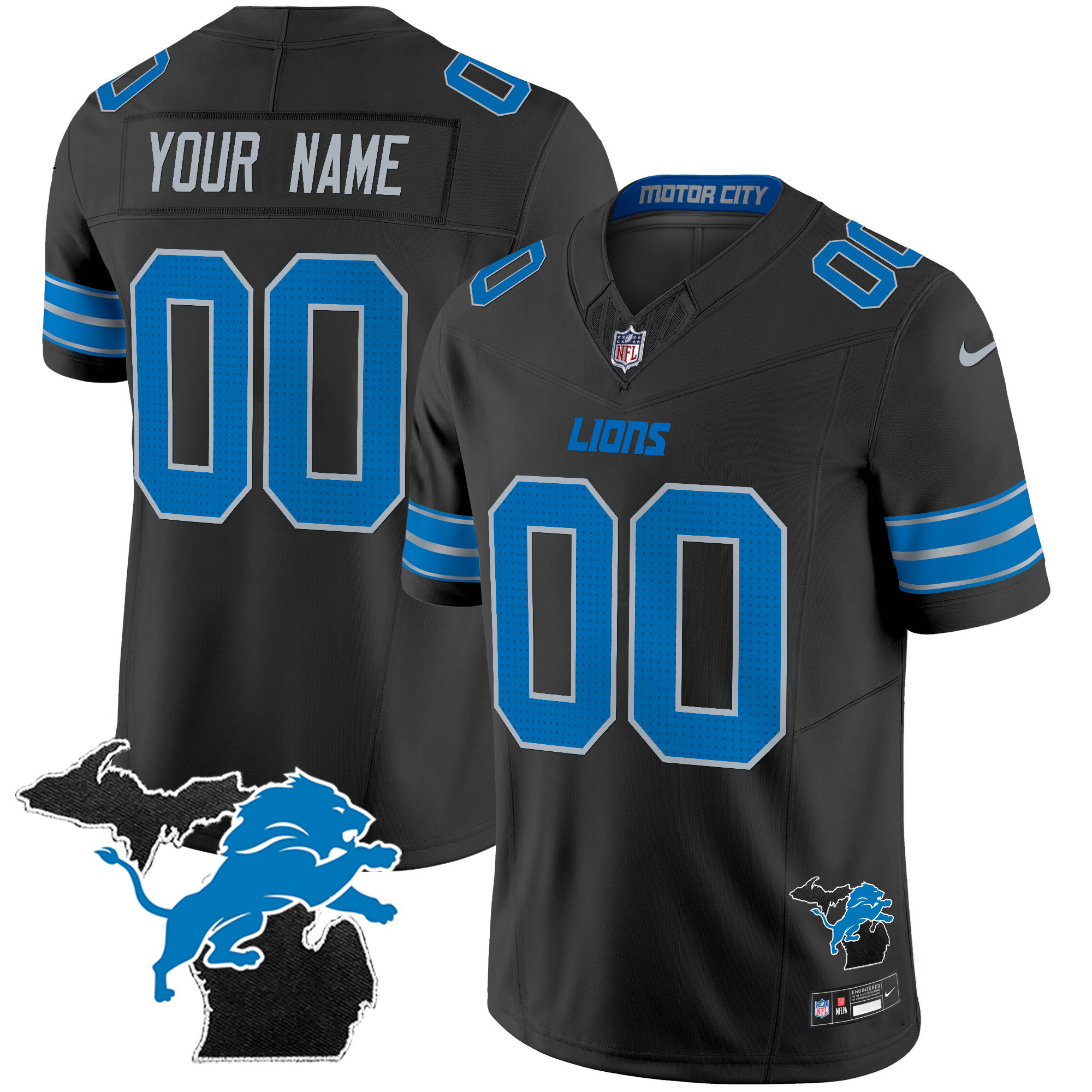 Detroit Lions 2024 Michigan Patch Vapor Limited Custom Black Jersey - All Stitched 
