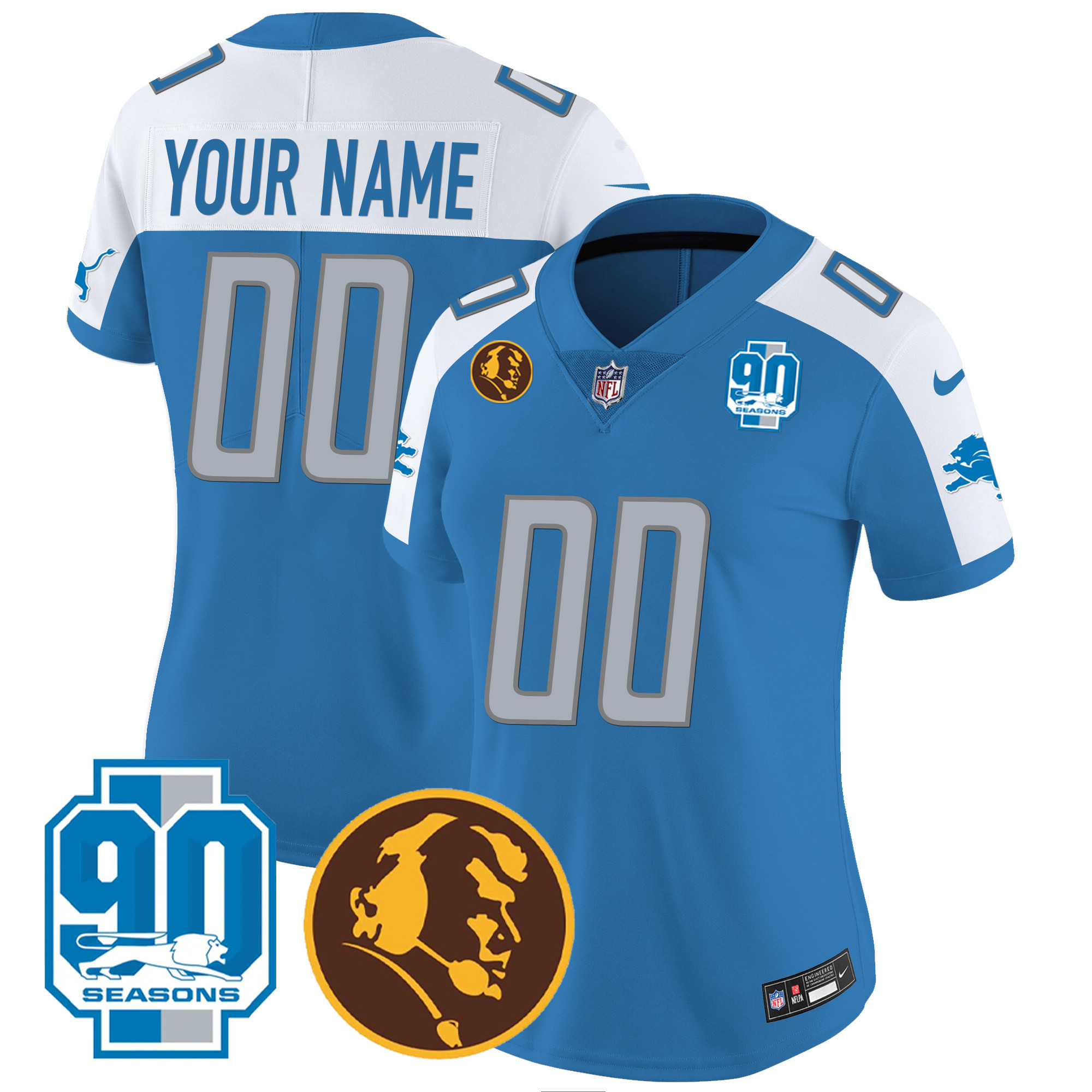 Detroit Lions 90th & John Madden Patch Custom Blue Alternate Jersey - All Stitched 