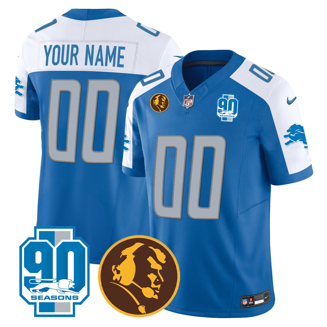 Detroit Lions 90th & John Madden Patch Custom Blue Alternate Jersey - All Stitched 