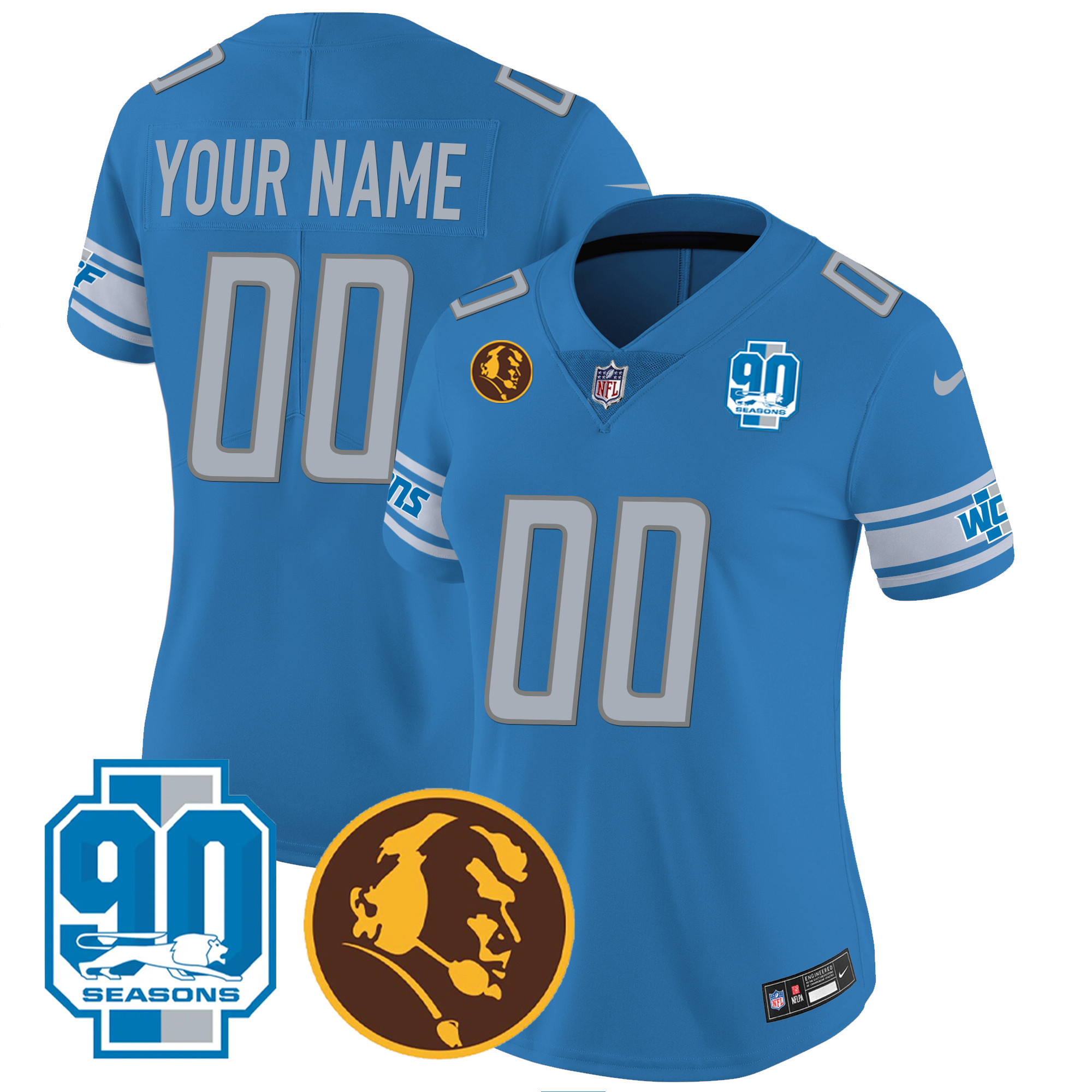 Detroit Lions 90th & John Madden Patch Custom Blue Jersey - All Stitched 