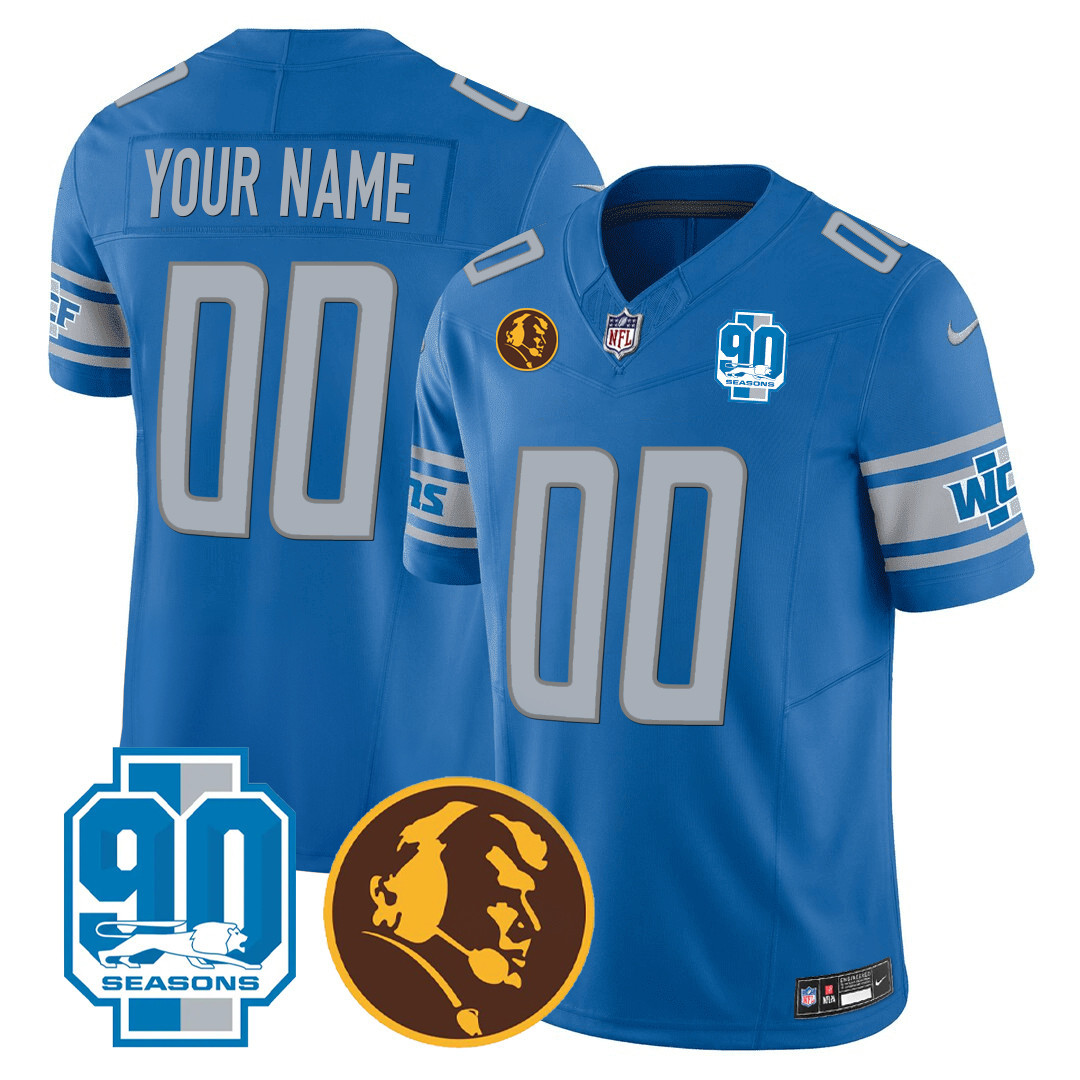 Detroit Lions 90th & John Madden Patch Custom Blue Jersey - All Stitched 